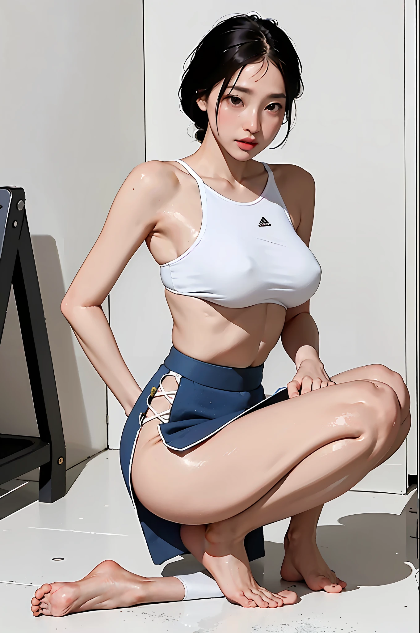 Girl Facing me Tiptoe facing me Legs apart Breasts and buttocks Mini skirt Panties Short top Tight sports light top Tight skirt Barefoot Mucus on feet Bumps Expose buttocks Expose waist Expose breasts Expose areola