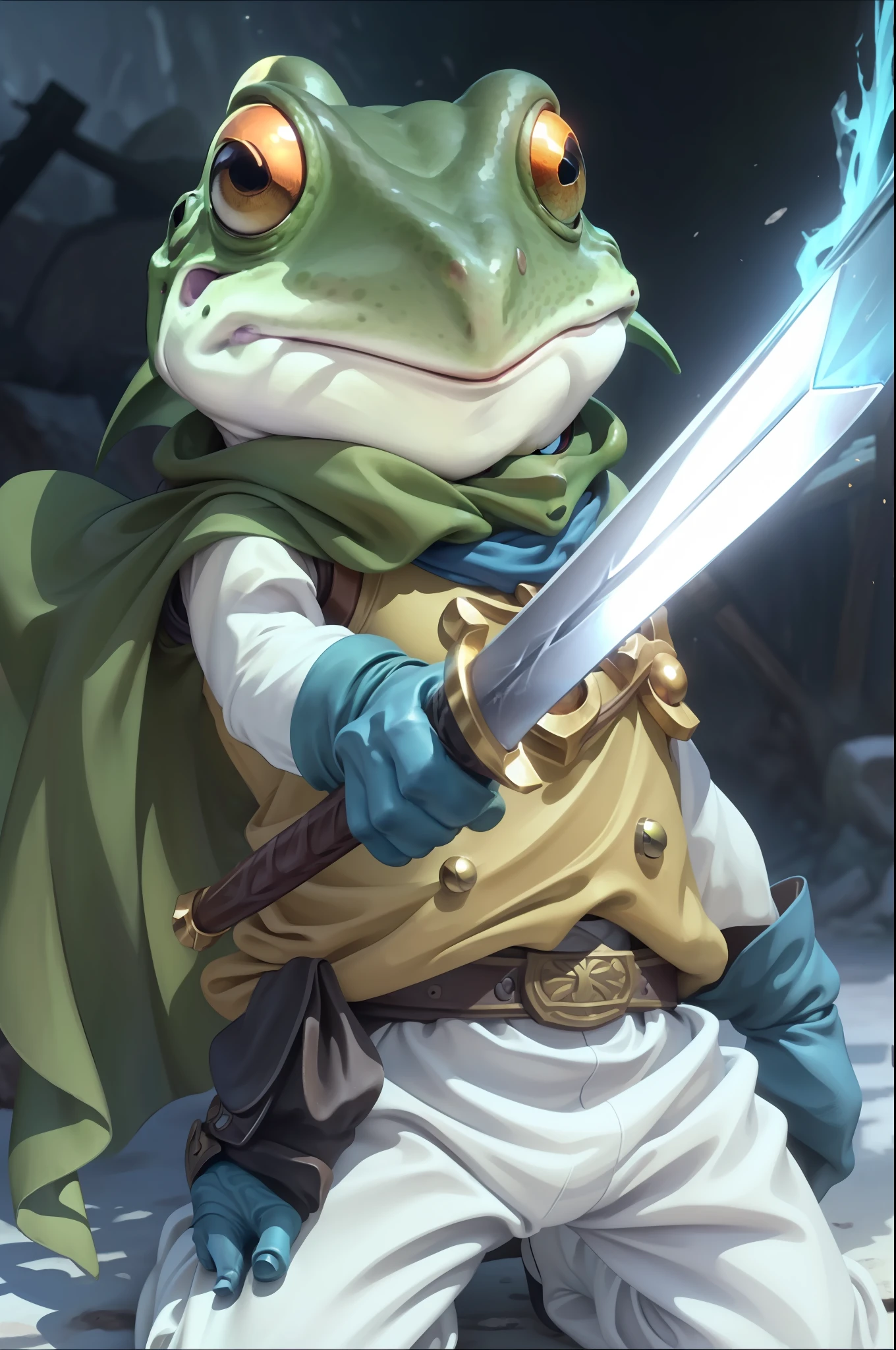 (extremely detailed CG unity 8k wallpaper, epic masterpiece, best quality, ultra-realistic),(a humanoid frog warrior, holding a sword and kneeling, wearing a cape on the back), epic hero, loyal guard, immersive visual effects, chrono trigger, frog