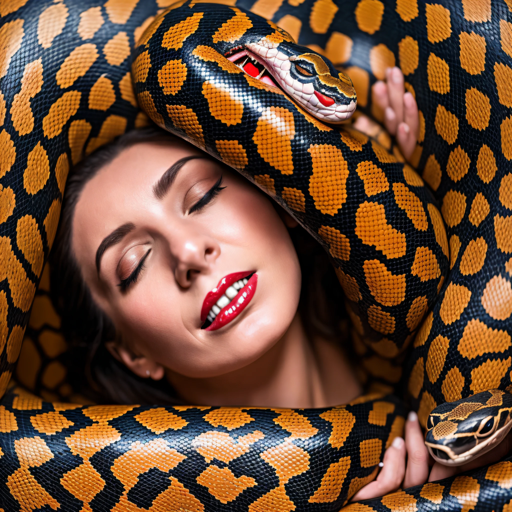 30-year-old woman lying on a bed and a snake wrapped around her with her mouth open near the face of the woman with red eyes The woman terrified quite realistically --auto --s2