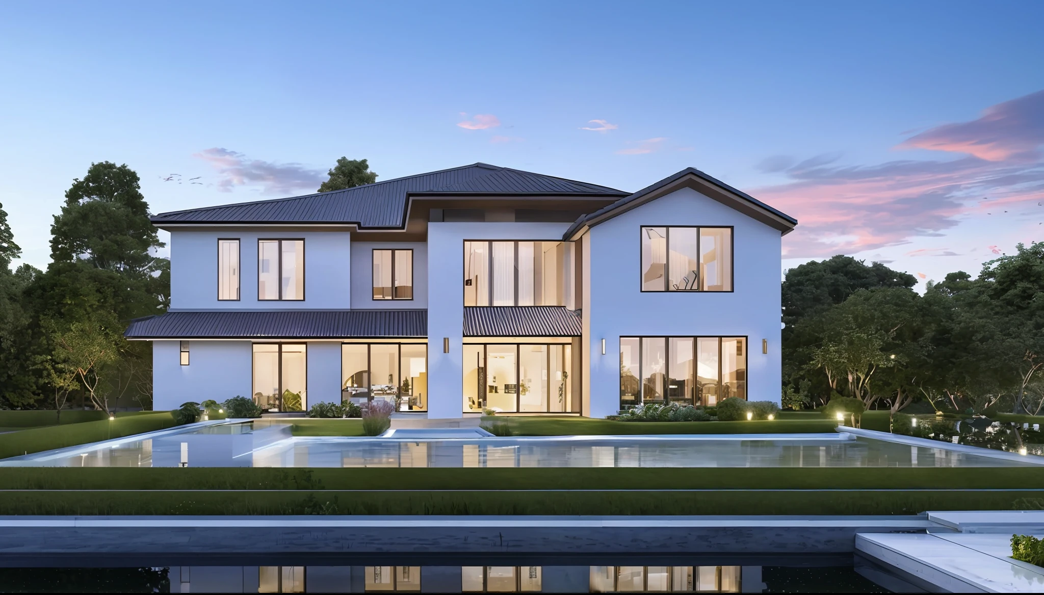(masterpiece),(high quality), best quality, real,(realistic), super detailed, (full detail),(4k),8k,scenery, no humans, tree, outdoors, sky, window, building, water, door, reflection, cloud, watermark, reflective water, blue sky, house, sunset