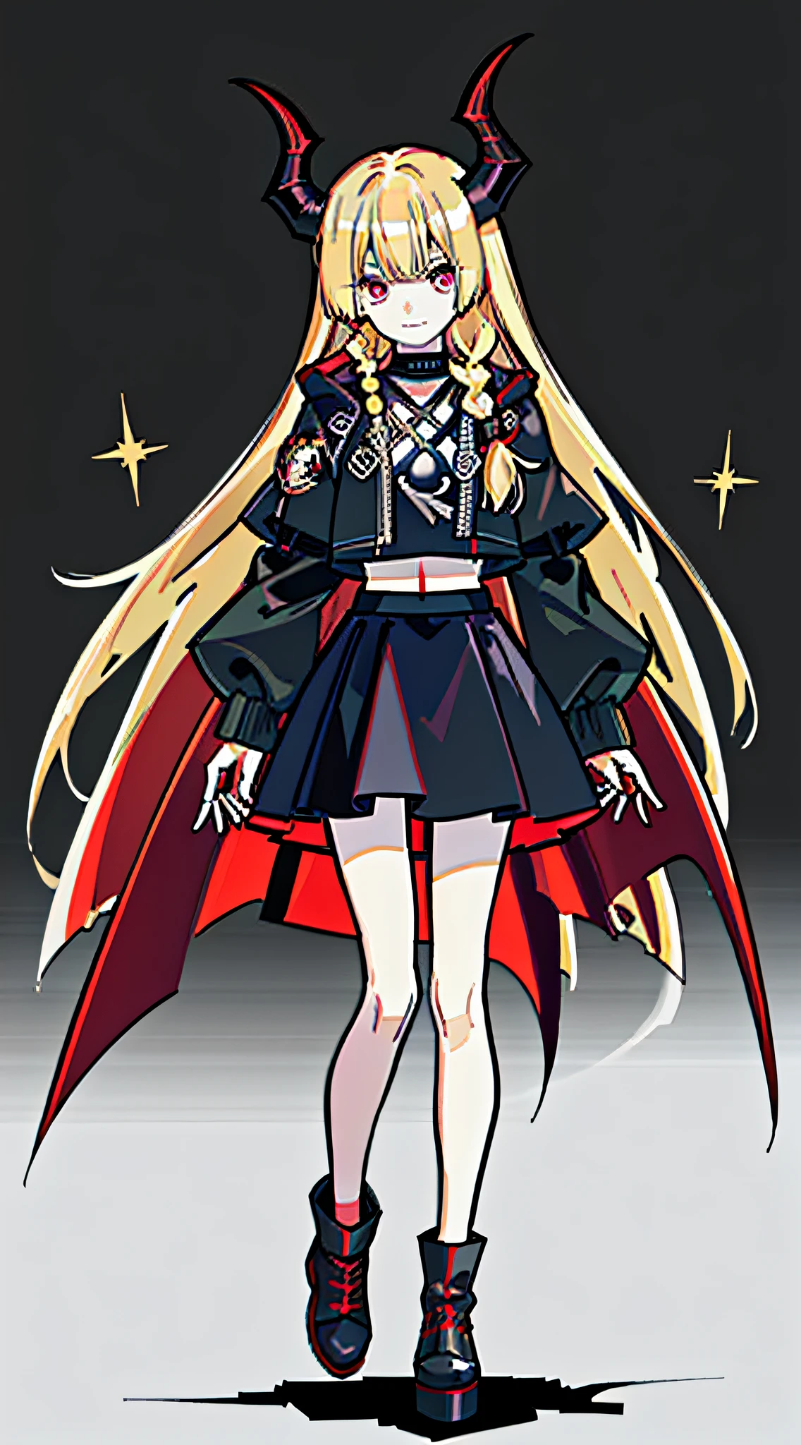 High Quality)), ((Masterpiece)), 8k, 1girl, full body, long hair, hair and ground, medium chest, gloves, crop top, red jacket, black dress, , long hair, plain white background, croptop, Kpop idol, red cape, black knee socks, full body, wearing high-top boots, beautiful eyes, red eyes, demon horns, demon wings, demon tail, long blonde hair, bad smile, proud pose, Front, Standing, Long Legs, Tall, Sparkle, Accessories, Portrait, Art Products, C4D, Blender, Pretty Face, Black Background, Film Interference, Full Body, Beautiful Eyes, Accessories, Portrait, Game Art, Character Concept Design, Beauty, White Background, Masterpiece, Top Quality, High quality, High resolution {Beautiful detail eyes: 1.4}, (super fine detail), (extremely fine detail beauty: 1.2), (delicate beautiful cute face: 1.3 ), glowing eyes, white background, high quality, masterpiece, 4K, simple background, anime style, standing drawing