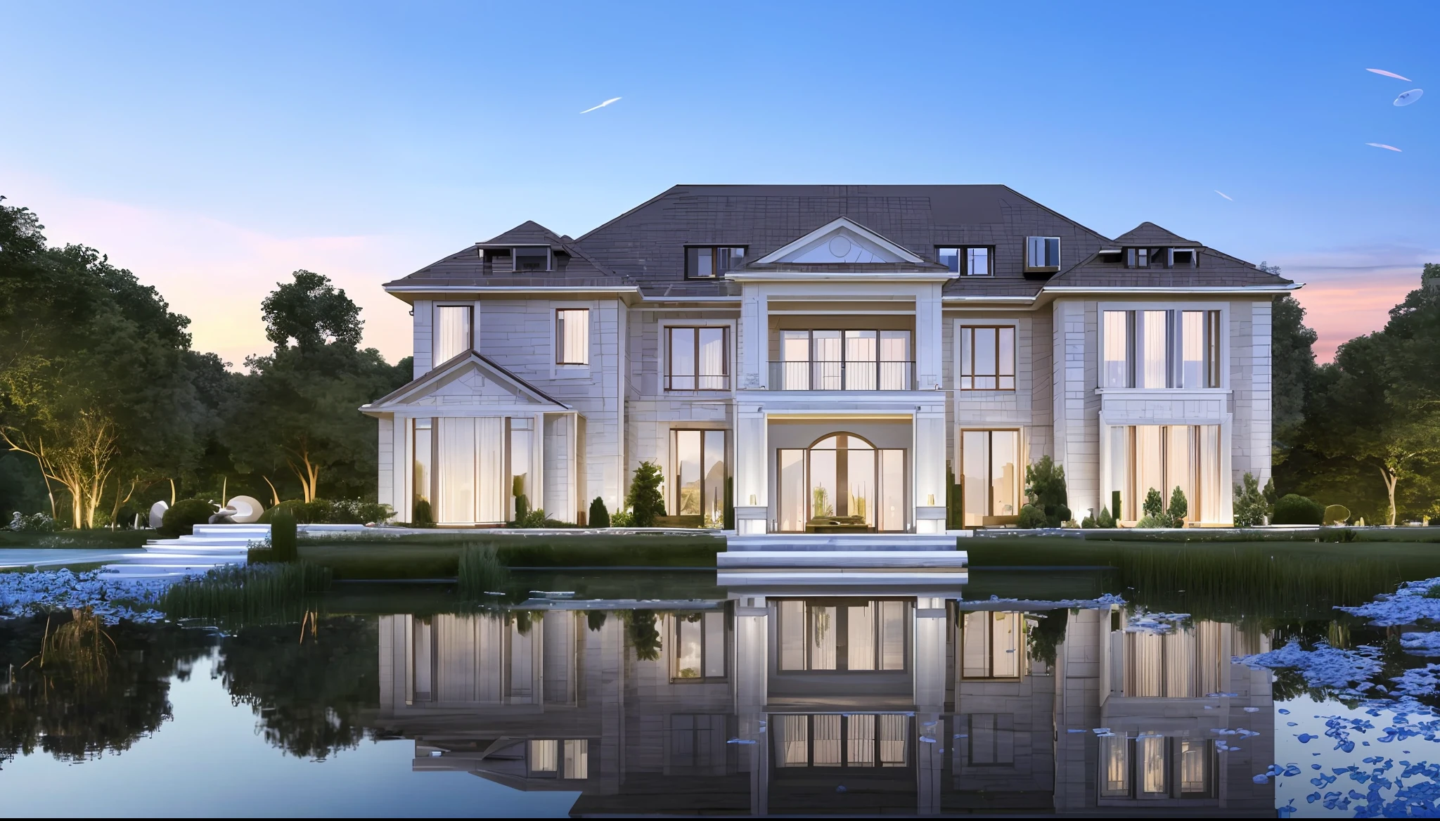 (masterpiece),(high quality), best quality, real,(realistic), super detailed, (full detail),(4k),8k,scenery, no humans, tree, outdoors, sky, window, building, water, door, reflection, cloud, watermark, reflective water, blue sky, house, sunset