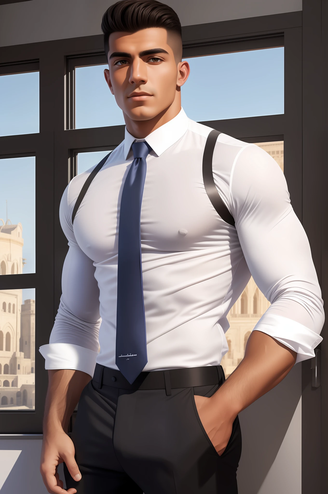 1man, a 20-year-old middle eastern muscular man, wearing a long-sleeved white shirt and tie, hands in trouser pockets, body structure correct, standing in front of a window, soft lighting, masterpiece, best quality, 8k ultra HD, DSLR camera, Midjourney and greg rutkowski's Fujifilm XT3 realistic painting art --auto --s2