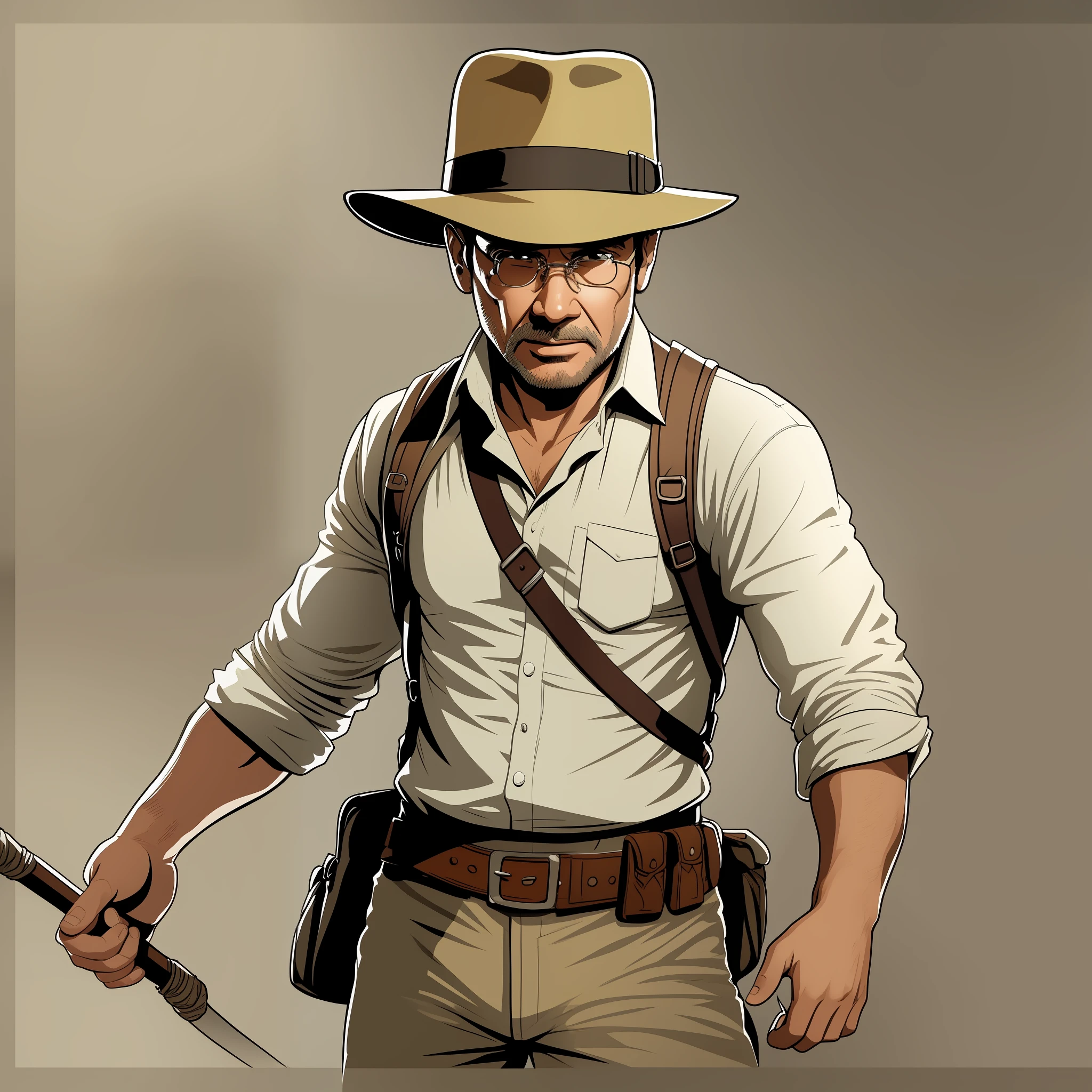 masterpiece, line art of a Indiana Jones character,style by double exposure, no shading, for coloring page, white space, no shadowing