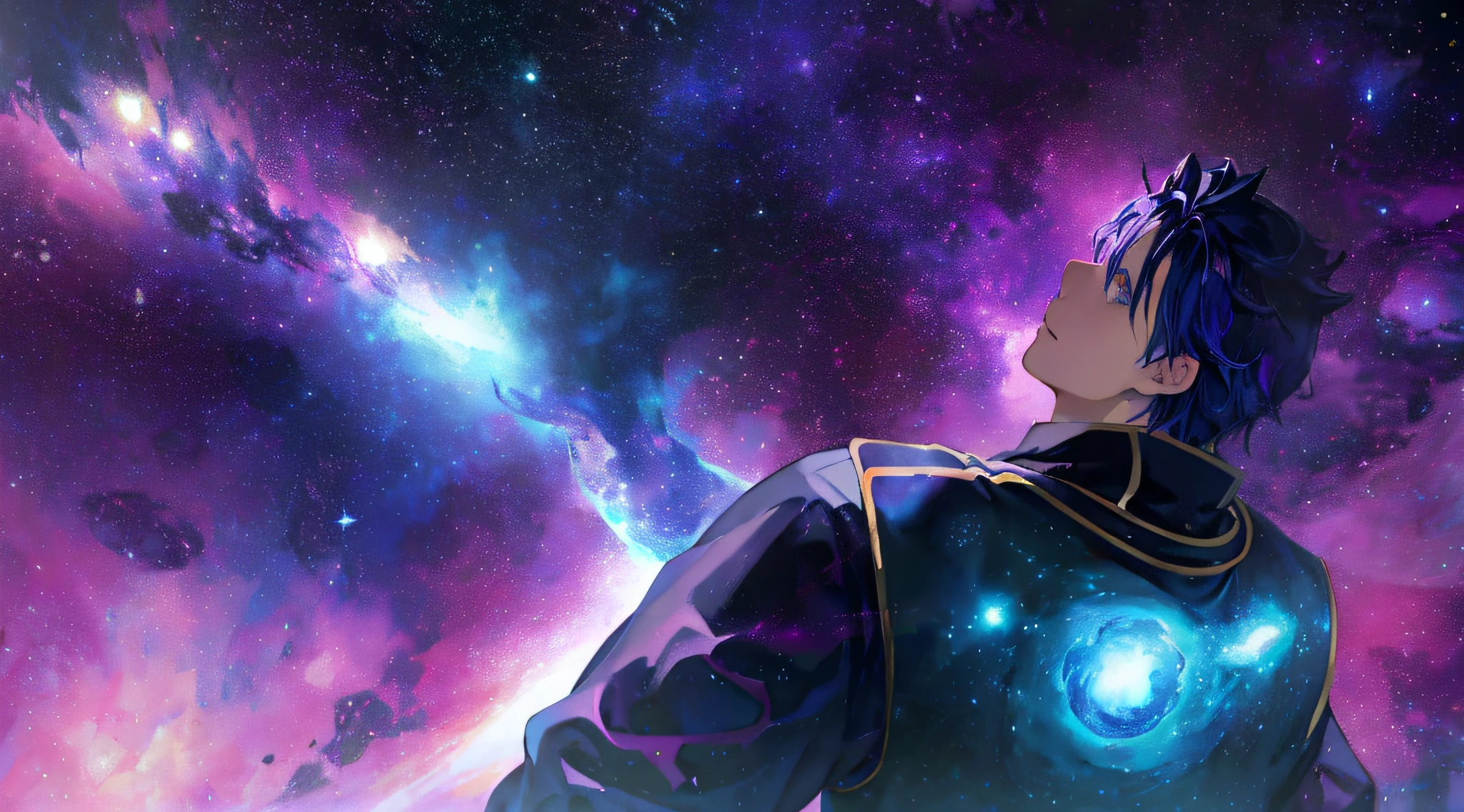 anime guy with blue hair and a purple shirt looking up at a galaxy, astral background, on a galaxy looking background, endless cosmos in the background, anime wallaper, background artwork, hd wallpaper, hd anime wallaper, 4 k manga wallpaper, 4k anime wallpaper, anime art nouveau cosmic display, in a space starry, anime background