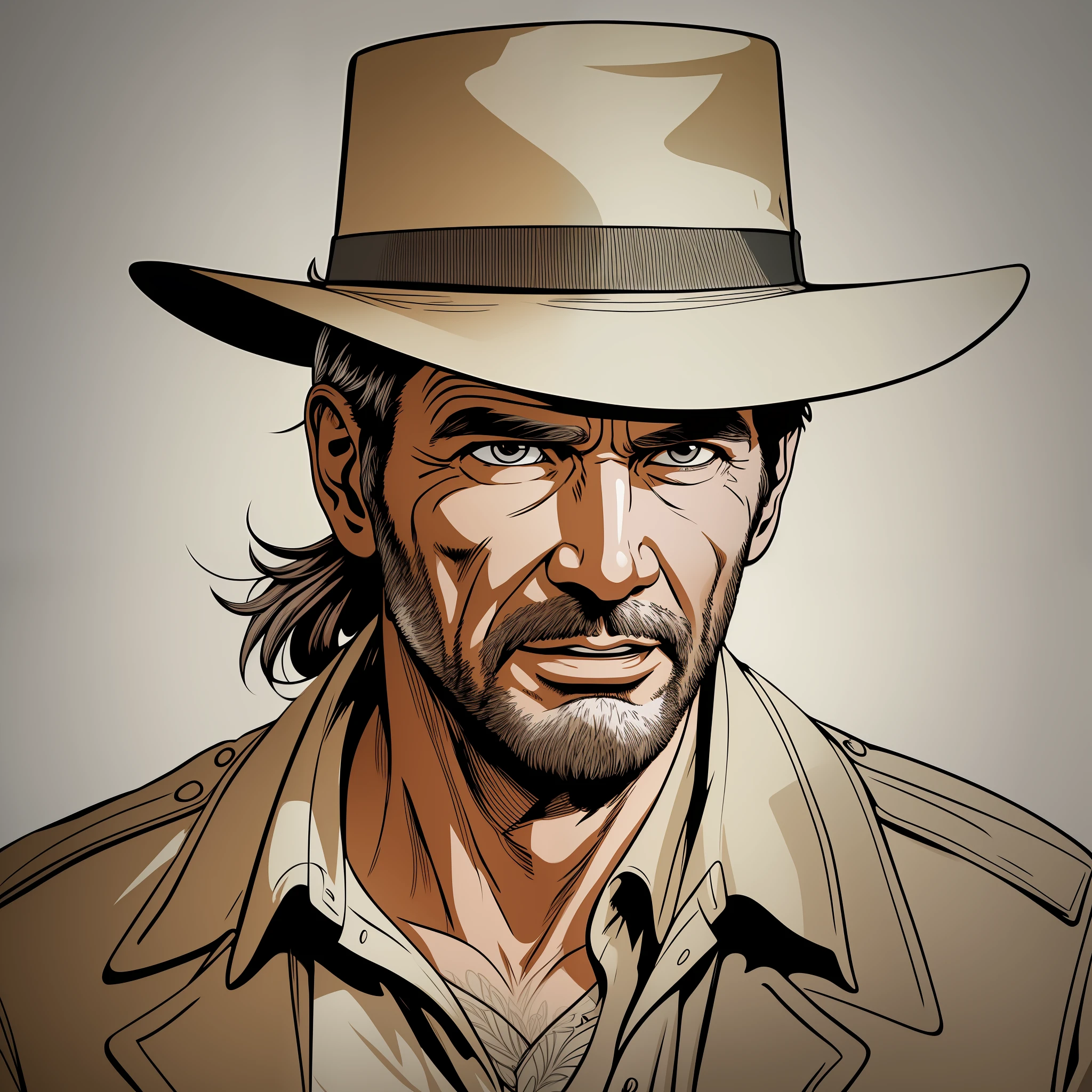 masterpiece, line art of a Indiana Jones character,style by double exposure, no shading, for coloring page, white space, no shadowing