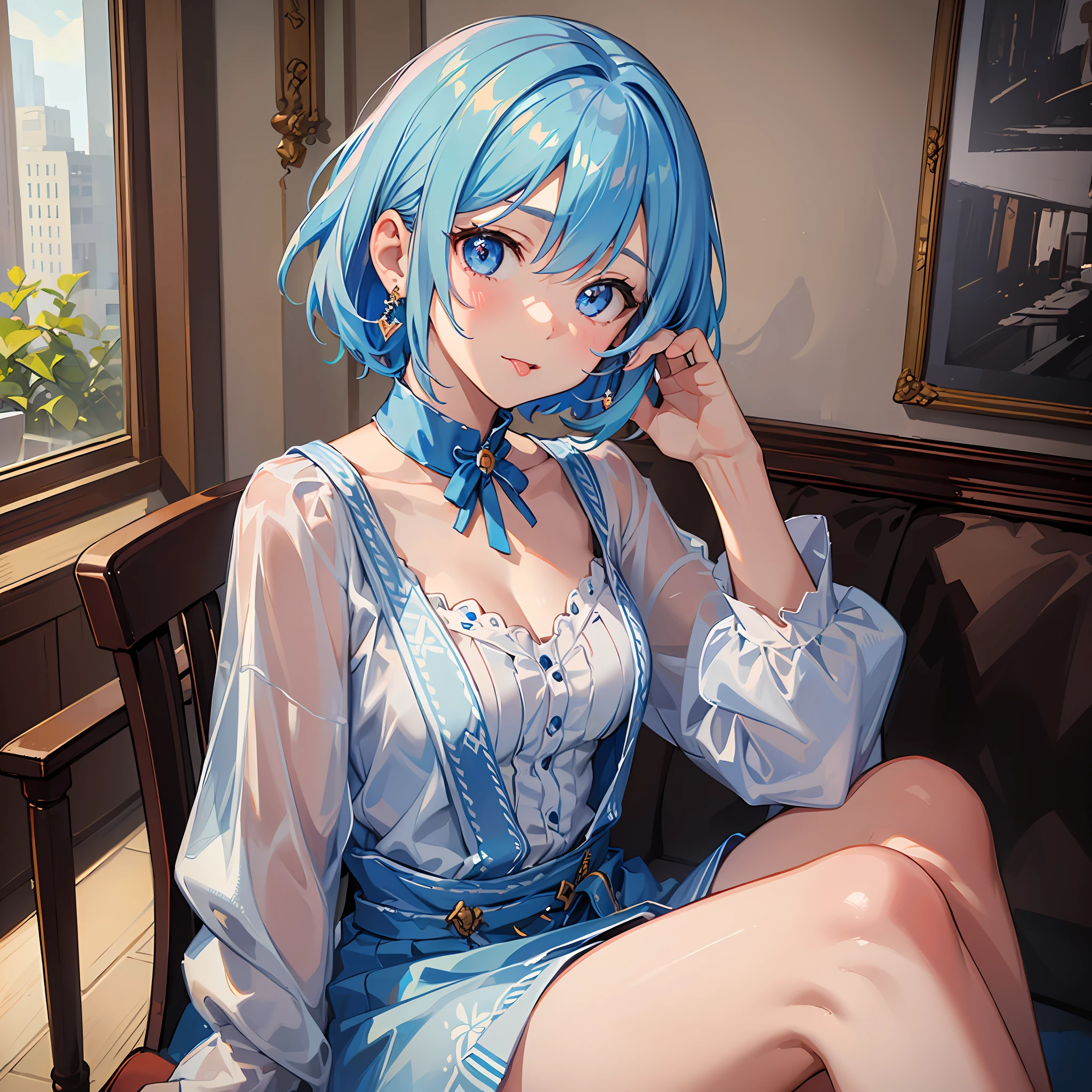 (((Masterpiece)))), (highest quality))), Hi-Res, Above the thighs, Sitting, (((Cute 1 girl))), Solo, , White skin, Small breasts, Octocrad, (Light blue hair), ((Very short hair)), Crisp bangs, Beautiful hair, Blue eyes, Beautiful detail eyes, ((tongue out)), blush, Wink, Heart, (Shouldered clothes), Cute clothes, Earrings, Cafe, Shadow lighting,