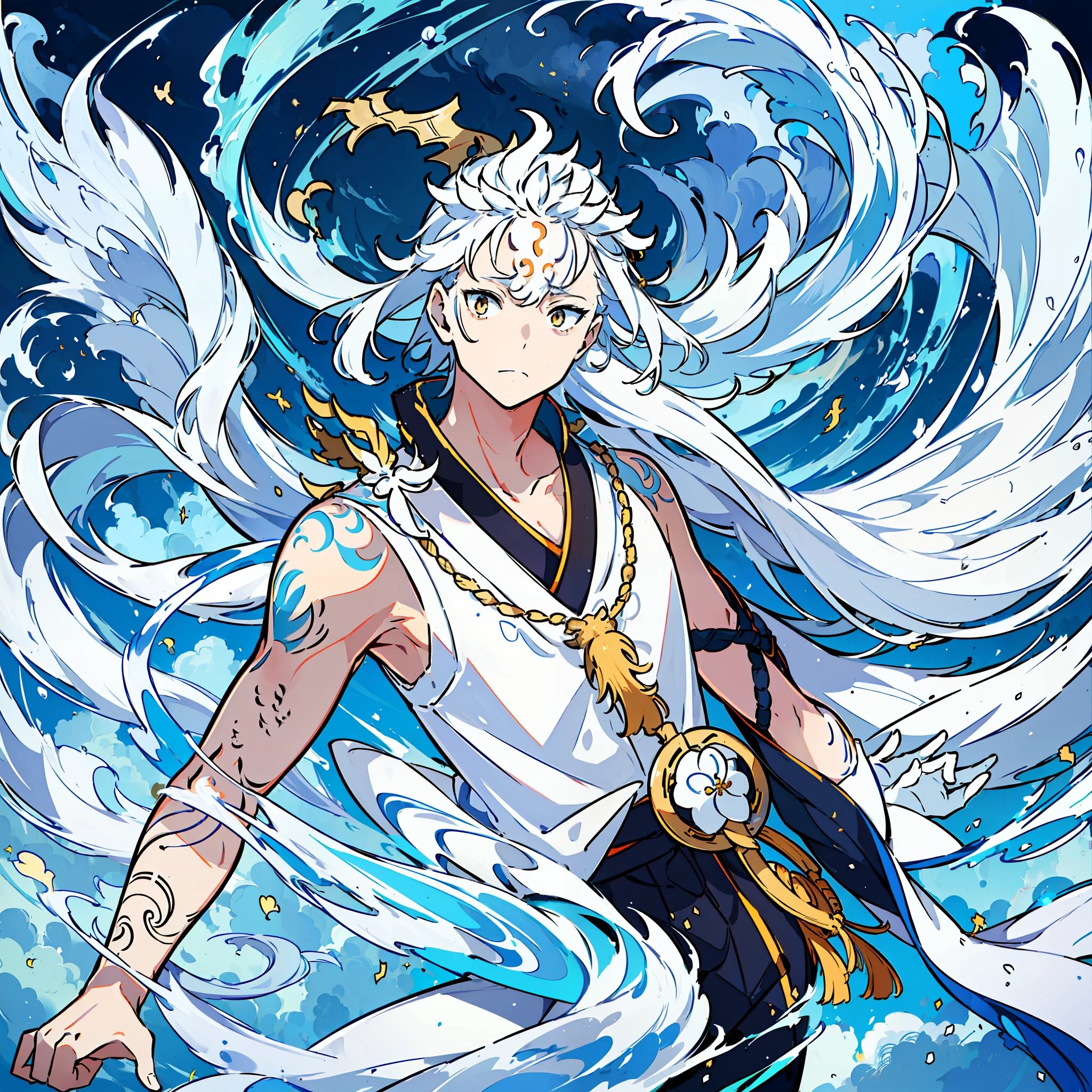 (Floating:1.2), (1 man), (god of winds), (bright white eyes), (wind tattoo on right arm), (wind powers), (flying), (Japanese temples), (clear skies), (vibrant blue), (ethereal), (dynamic pose), (atmospheric and otherworldly)