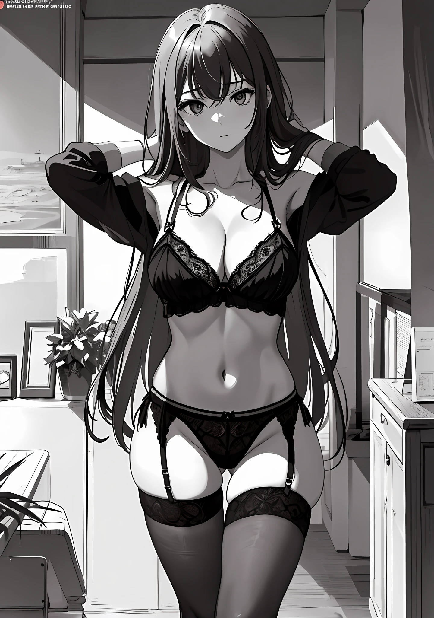"(A true masterpiece with the best quality), featuring one girl in nsfw lingerie, looking shy but also showing off her beauty. She has a flat chest and a captivating cleavage, with panties that are slightly see-through and revealing. The hint of a nip adds an extra layer of sensuality to this stunning image."