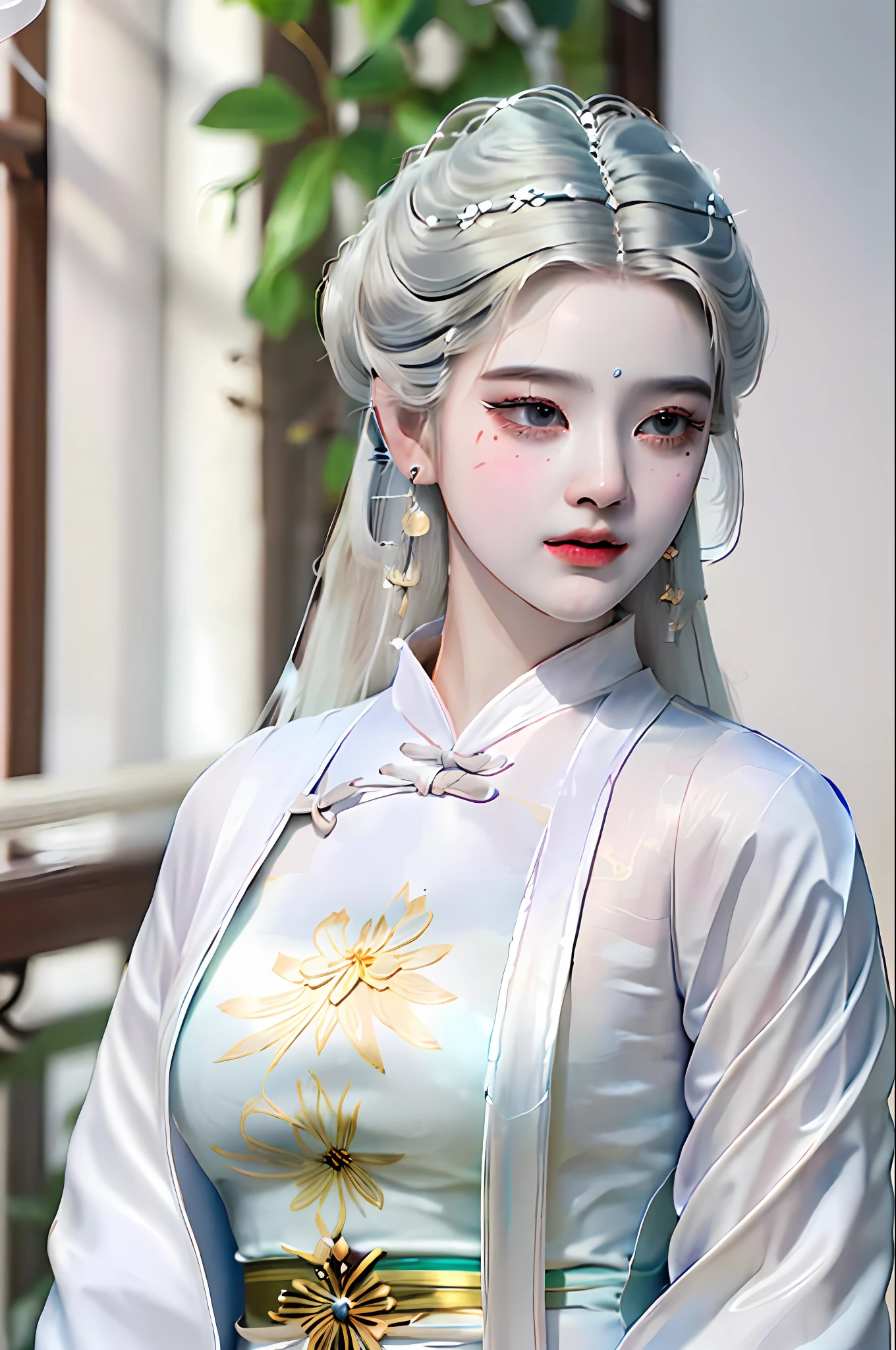 (best quality, masterpiece:1.2), photorealistic, ultra high res, full body shot, front lighting, intricate detail, Exquisite details and textures, 1girl, (young), face highlight, upper body, detailed face, tear mole, white skin, silver hair, ponytail, braid hair, looking at viewer, big eyes, symmetrical eyes, (sexy ao dai attire:1.6), earrings, (gigantic breasts), slim body, professional lighting, photon mapping, radiosity, physically-based rendering, good hands, good fingers, outdoor, masterpiece,ultra realistic,32k,extremely detailed CG unity 8k wallpaper, best quality