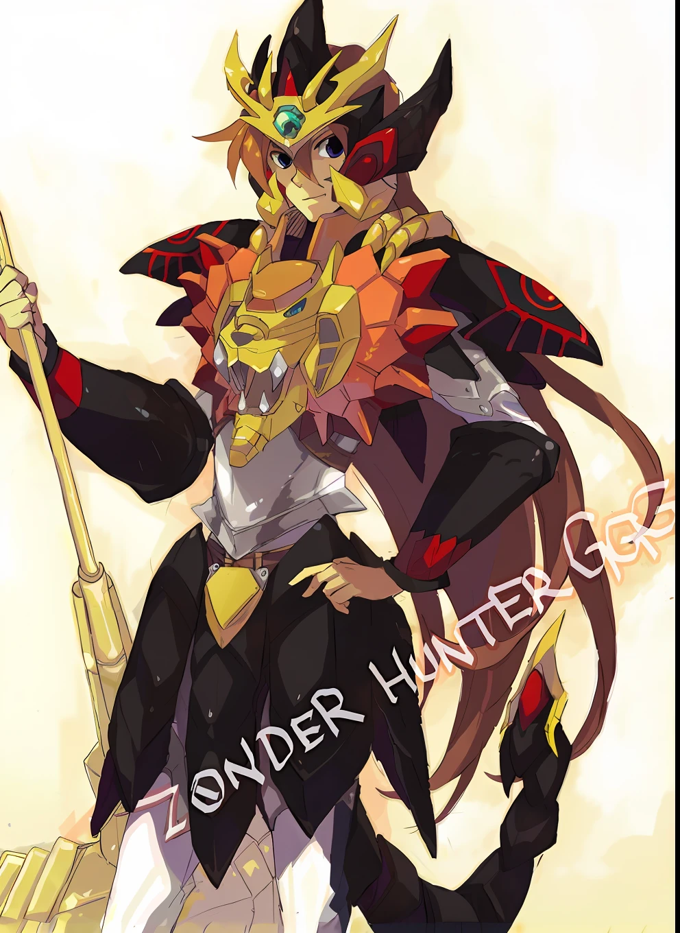 A close-up of a cartoon character holding a golden hammer, such as a badass monster hunter, wearing monster hunter armor, monster hunter, wearing monster hunter armor, monster hunter, monster hunter, made with Anime Painter Studio, Yugioh art style, ( (Character Concept Art), Ganondorf, detailed fanart, Official Art, Gungnir, Cute Cyber Gods