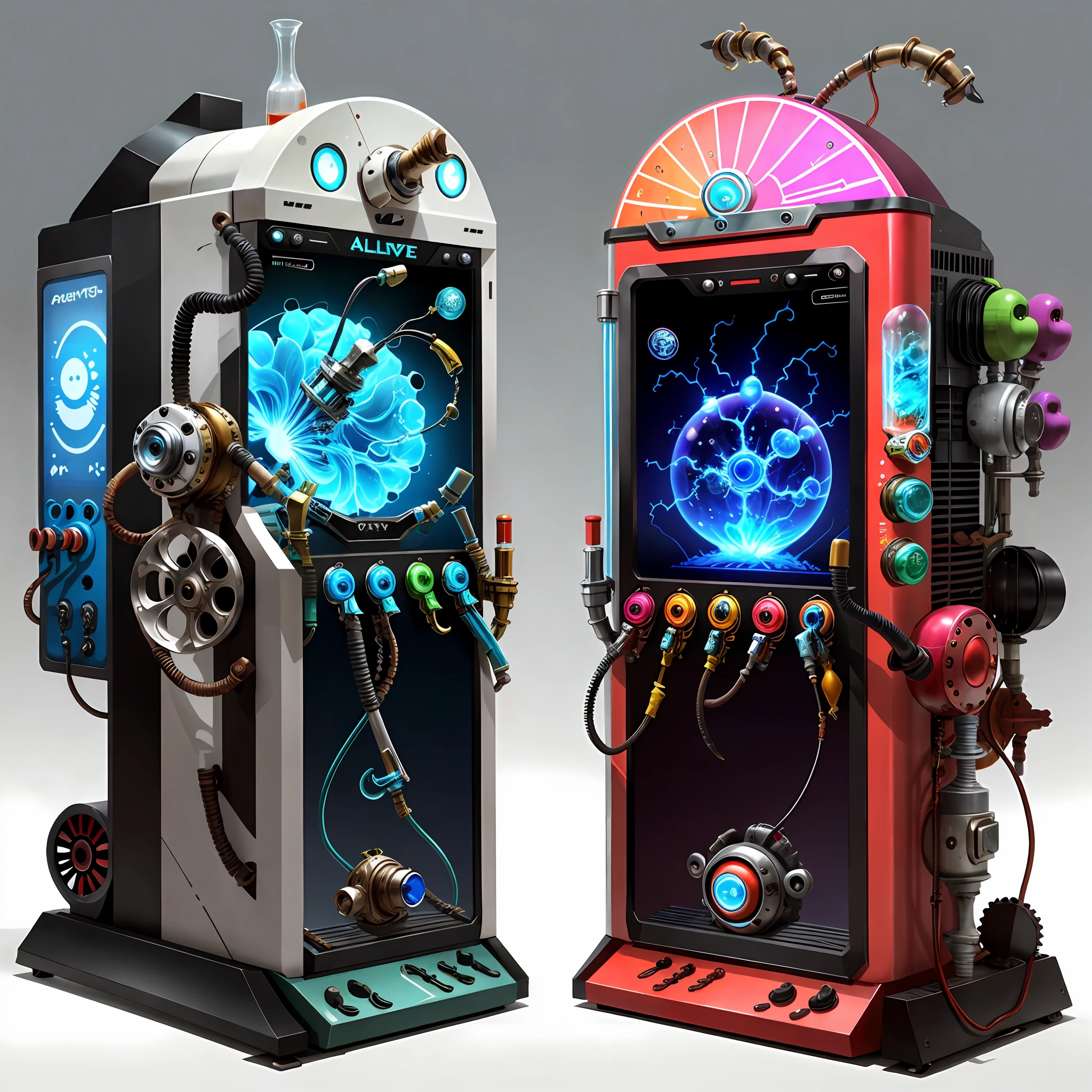 concept art ,  valvepunkai, arcade machine  retro-futuristic  glass valve-powered