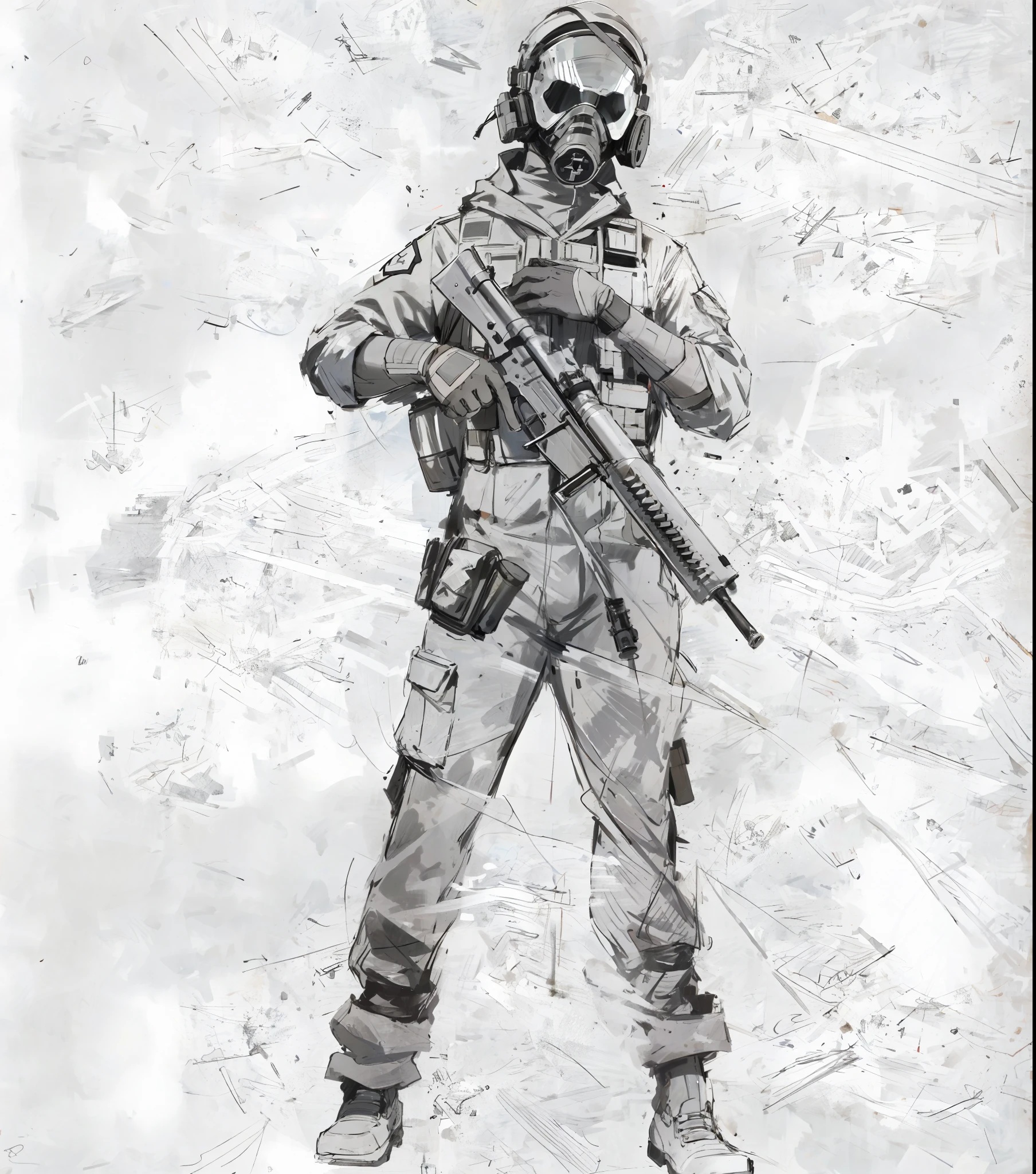 a drawing of a soldier with a rifle and a gas mask, full body grayscale drawing, high quality sketch art, military art, full body drawing, full body illustration, guerilla soldier, high detailed official artwork, realistic soldiers, on grey paper sketch ink style, high quality sketch, full body shot hyperdetailed, soldier, detailed full body concept