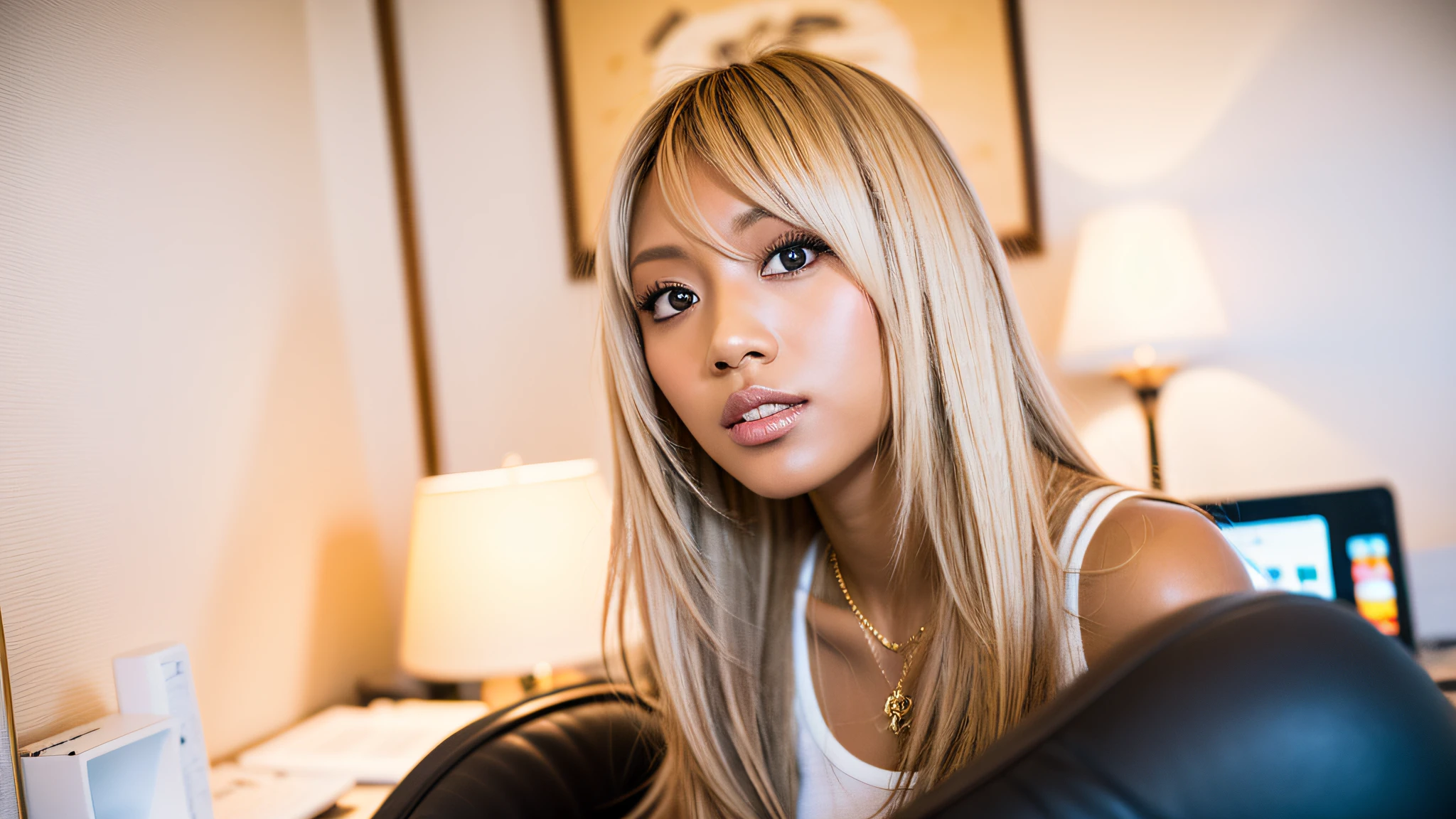 gyaru, dark-skinned, working hard, sony a7, 35mm Lens, f1.8, film gain, golden hour, soft lighting