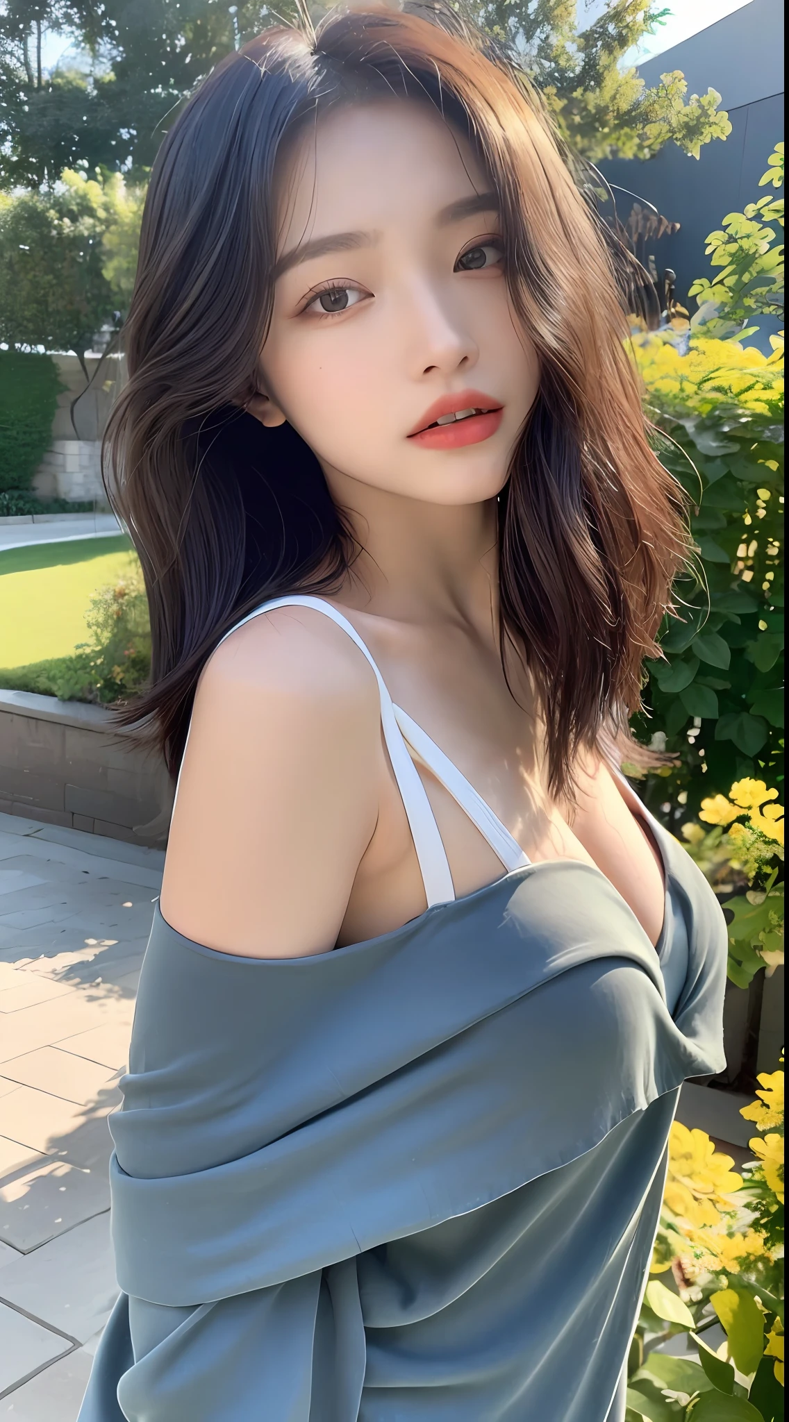 ((Top Quality, 8K, Masterpiece: 1.3)), Focus: 1.2, Perfect Body Beauty: 1.4, Buttocks: 1.2, ((Layered Haircut, Breasts: 1.2)), (Wet Clothes: 1.1), (Natural: 1.3), Black Clothes, Highly Detailed Face and Skin Texture, Narrow Eyes, Double Eyelids, Whitening Skin, Long Hair, (Shut Up: 1.3), Flowers