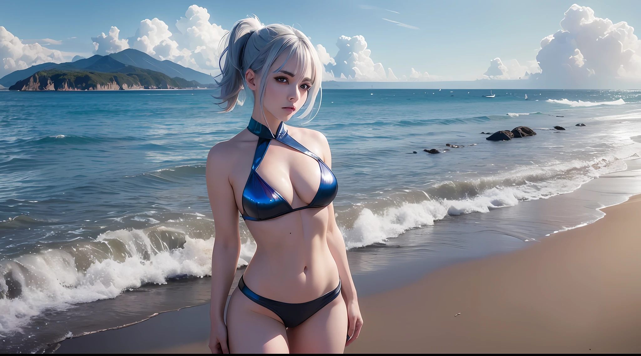 a 35-year-old woman in an iridescent micro leaf micro shorts, ((kpop idol)), (aegyo sal:1), beautiful breasts, bare butts, BREAK, short ponytail platinum blue hair, pale skin, ((swollen eyes)), looking at the viewer, in a lowered position with legs open for sexual stimulation, licking her lips, thick eyebrows, tall and strong athletic figure, Small waist, toned thighs, thigh slit, beach, coastline, wind, waves, 8k uhd, dslr, soft lighting, high quality, best quality, ultra high res, (photorealistic: 1.4), film grain, Fujifilm XT3, latent sexual need.