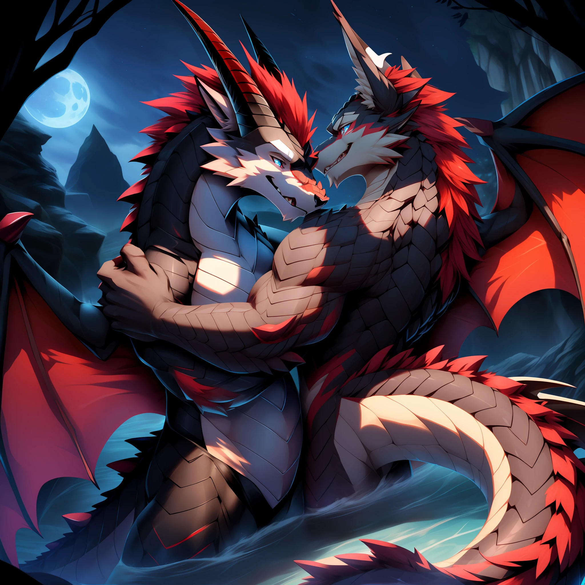 POV, kemono, correct anatomy, furry, furrie, (((a den (dragon wolf hybrid), male, black coat with red details on the arms legs and ears, wolf snout, one blue eye and one red, cute, red horns, red chest scales, big wolf tail, dragon wings, voluminous red hair))). Naked body, draconic slit, draconic genitalia, erection, in bed, no muscles, sensual, seductive look, cum, milk splashed and poured on the body, expression of pain, penetration, extremely detailed art, tesudo, flashy colors, professional photos, various angles, detailed scenery, hd, dark shadows, dark lighting, more seductive setting, ultra 8k, HDR.