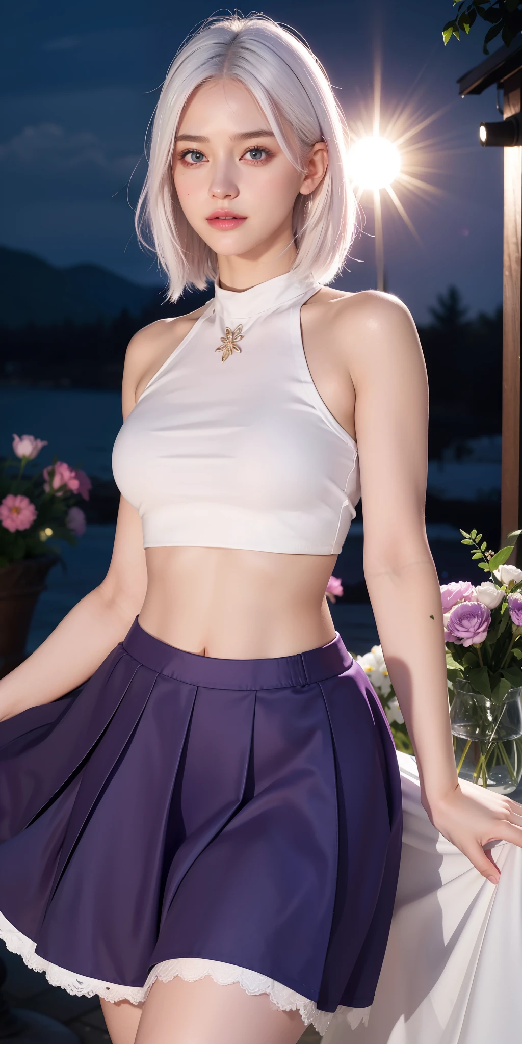 realistic, 1girl, white hair, purple eyes, glowing eyes, crop top, skirt, parted lips, blush, night, flowers, sun, sunlight,