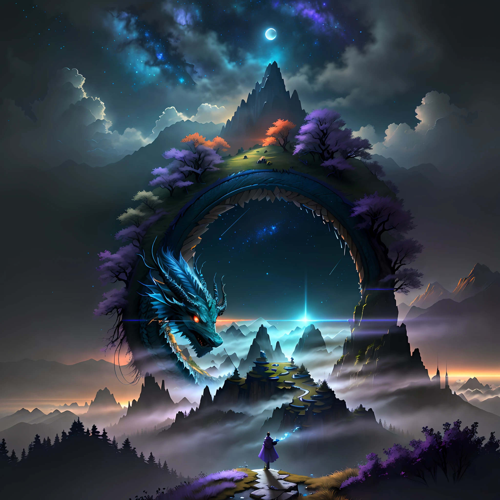 Vast landscape photos, (looking at the sky and the wilderness below), handsome Hanfu boy standing in a flower field looking up, (Full Moon: 1.2), (Meteor: 0.9), (Nebula: 1.3), Distant Mountains, Tree Breaking Making Art, (Warm Light Source: 1.2), (Firefly: 1.2), Lights, Purple and Orange, Intricate Details, Volumetric Lighting BREAK (Masterpiece: 1.2), (Highest Quality), 4K, Super Delicate, (Dynamic configuration: 1.4), Highly detailed and colorful details (rainbow color: 1.2), (Sparkling lighting, atmospheric lighting), Dreamy, Magical, (Solo: 1.2), (Ying Dragon God), (Through the clouds), (Top of the mountains), (Complex), (Super Detail), (Starry Sky Background), (Moon Night), (Ultra Clear), (Best Quality),
