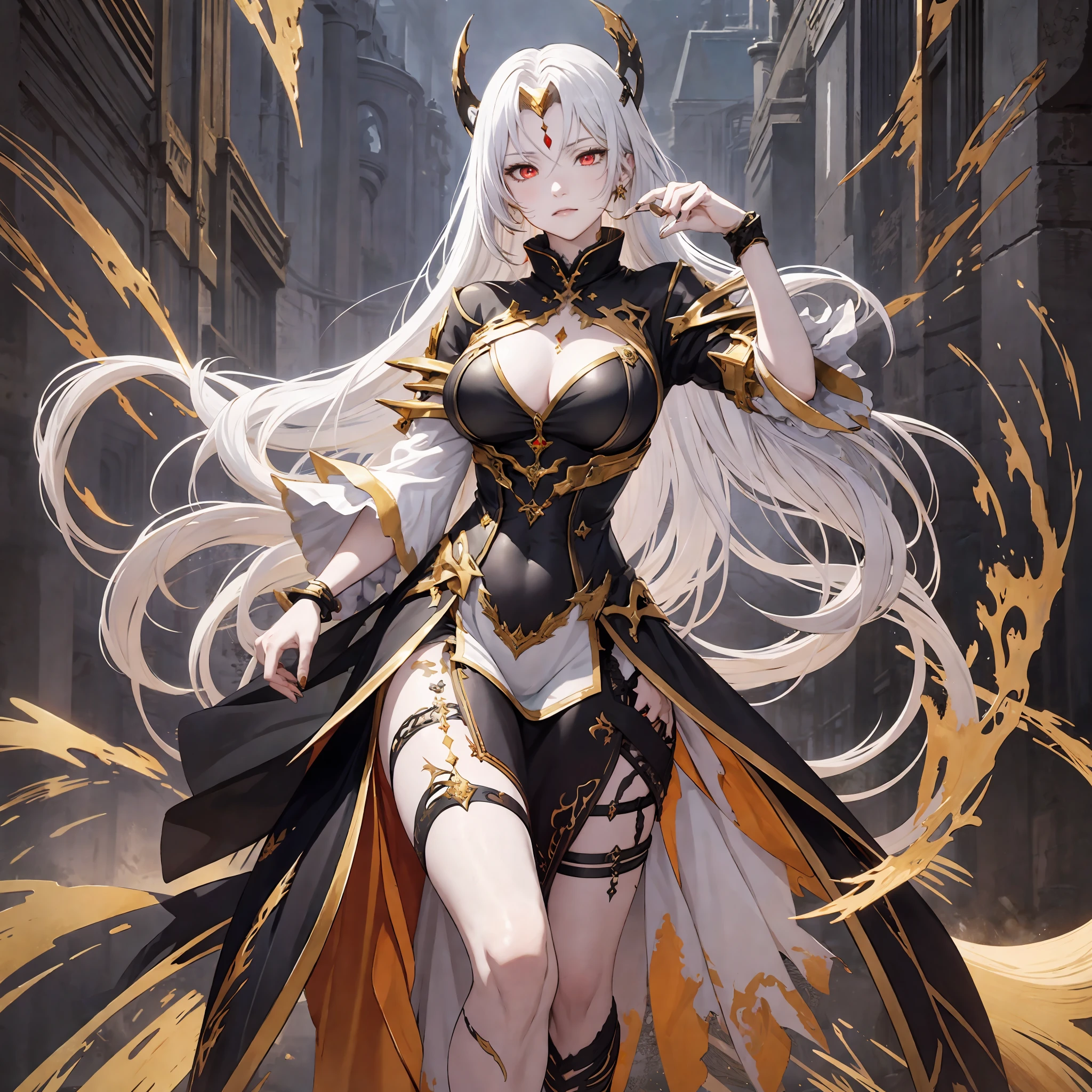 masterpiece, best quality, 1woman, adult, female focus, solo, white hair, long hair, vibrant red eyes, looking at viewer, High quality metal texture, closed mouth, bangs, high collar,(kbxll:0.6), Fantasy aesthetics, Highly detailed, shadowverse style, full body, goddess