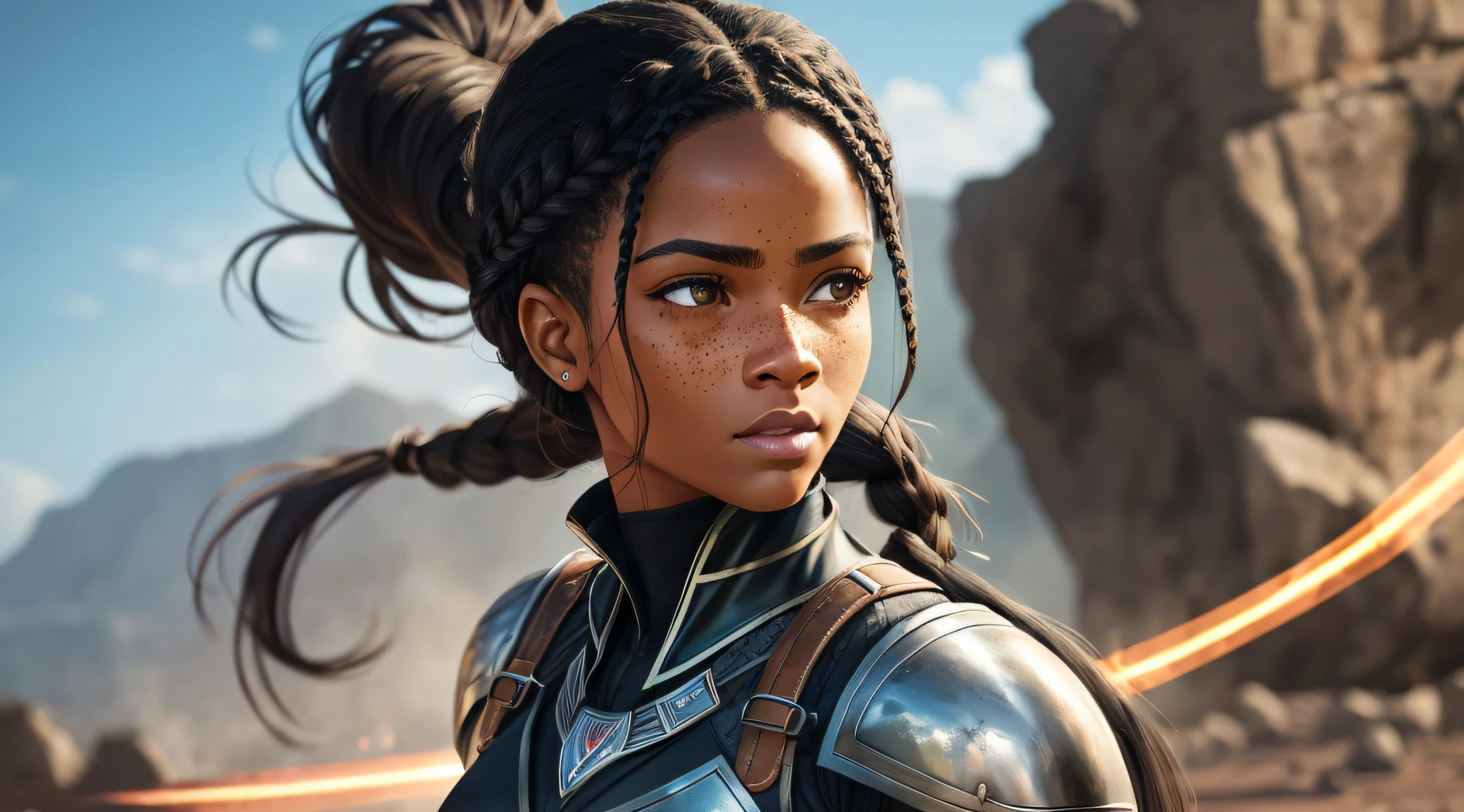 strong feminine energy, brave souls, archer, with freckles, skilled, on the battlefield, filtered sunlight, long black hair braided, best quality, ultra detailed, cinematic scene, strong, leader, realistic, beautiful, strong, amazing, hyper-realism, realistic, 8k quality, best possible quality, black girl with glowing black skin, combat suits --auto --s2