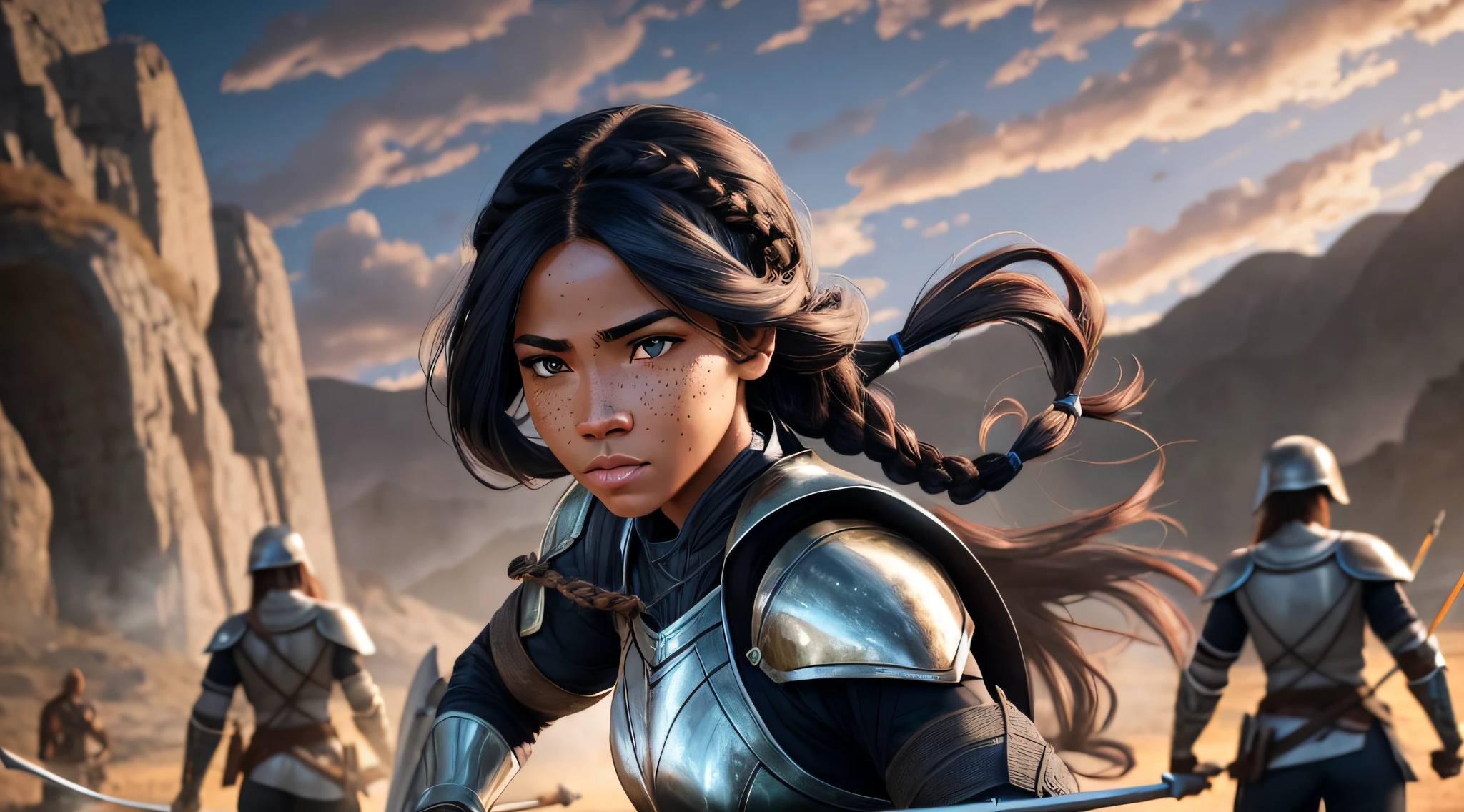 strong feminine energy, brave souls, archer, with freckles, skilled, on the battlefield, filtered sunlight, long black hair braided, best quality, ultra detailed, cinematic scene, strong, leader, realistic, beautiful, strong, amazing, hyper-realism, realistic, 8k quality, best possible quality, black girl with glowing black skin, combat suits --auto --s2