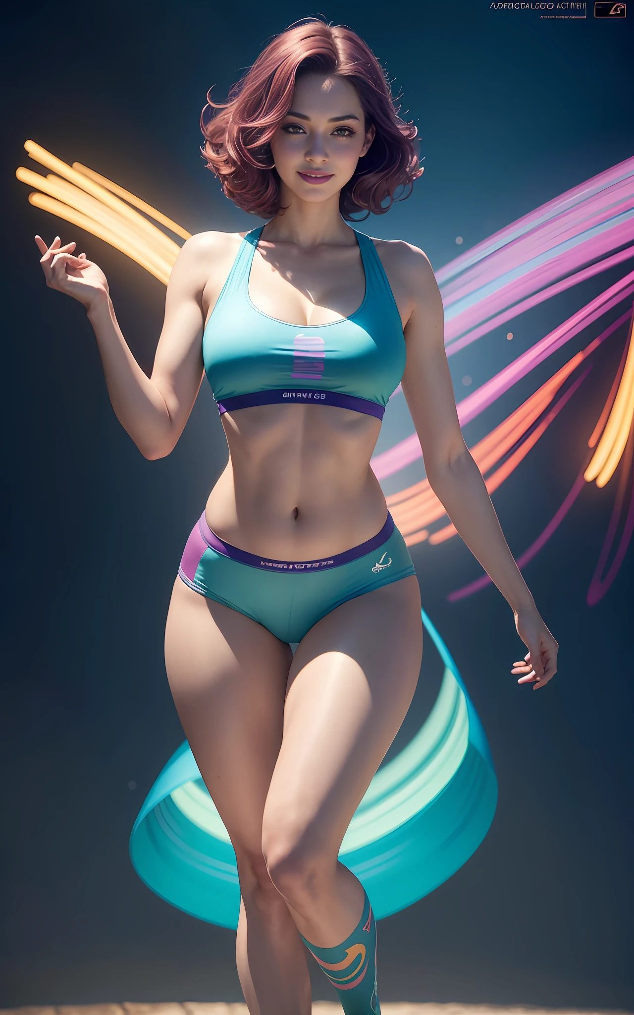 A woman in colorful sports bras, big breasts, mysterious smile, in motion, showing thighs, 3D magical details, James Jean soft light, 4K, Yuri Schvedorf and Tom Bagshaw, beautiful digital artwork, Sylvain Sarrell and Igor Mosky, full body shot