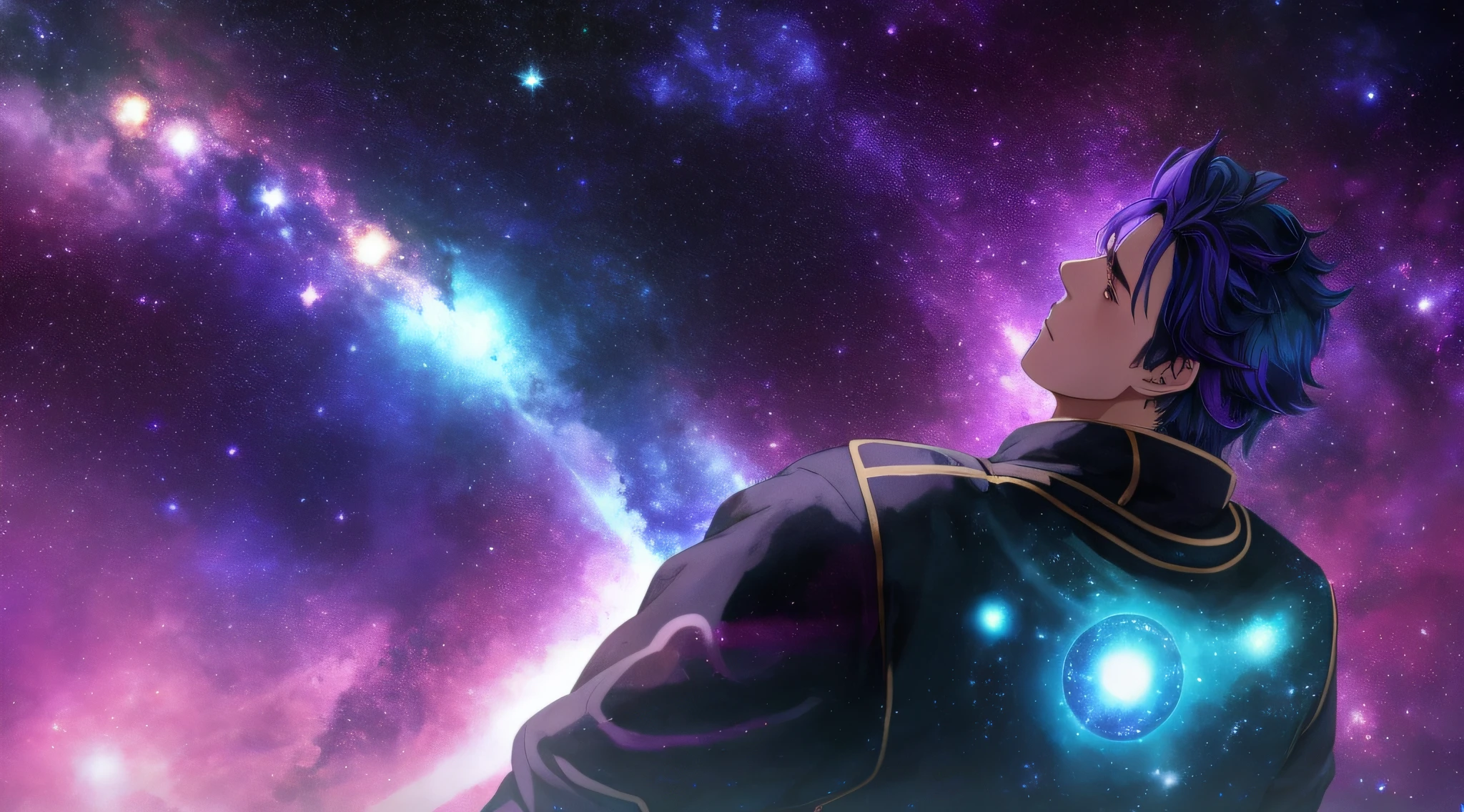 anime guy with blue hair and a purple shirt looking up at a galaxy, astral background, on a galaxy looking background, endless cosmos in the background, anime wallaper, background artwork, hd wallpaper, hd anime wallaper, 4 k manga wallpaper, 4k anime wallpaper, anime art nouveau cosmic display, in a space starry, emperor of the known universe, anime background