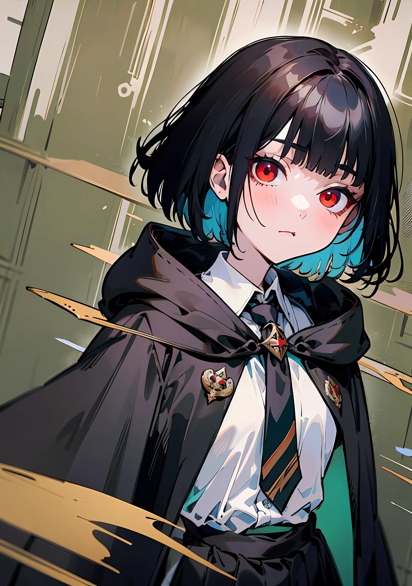 Long, flowing witch robes, A black coat with a flowing hood, Hogwarts coat of arms, Green and silver striped tie, Neat button-down shirt, Pleated skirt, black hair, short hair, bangs, tsurime, red eyes, three sided view, UHD, ccurate, high details, 16k, highres, super detail, masterpiece, anatomically correct, high quality,girl,tsurime