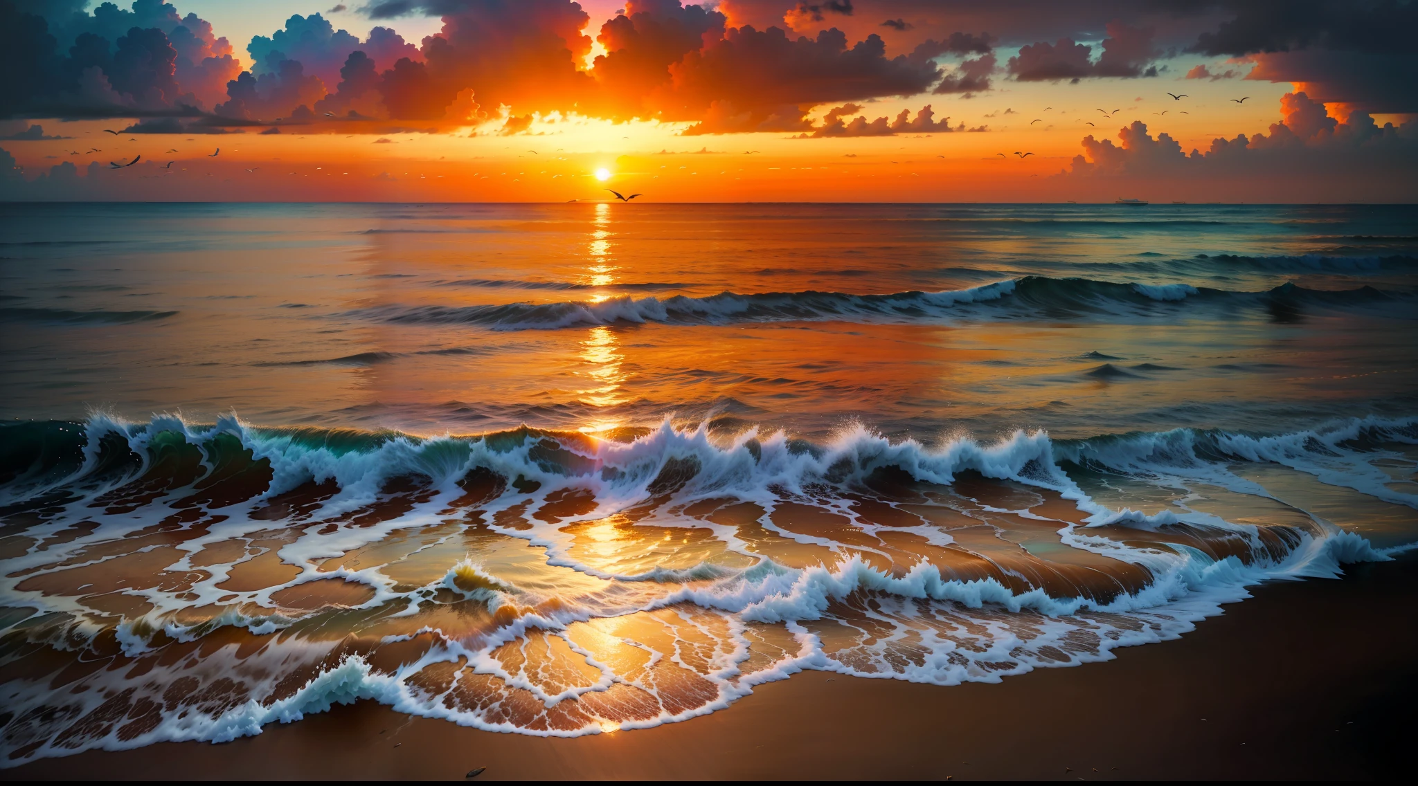 An absolutely mesmerizing sunset over the beach, with a blend of oranges, pinks, and yellows filling the sky. Crystal-clear waters of the sea gently kissing the shore, with sandy white beach stretching far and wide. The scene is dynamic and breathtaking, with seagulls soaring high in the sky and gently swaying palm trees. Take in the calming atmosphere and let the peacefulness wash over you.