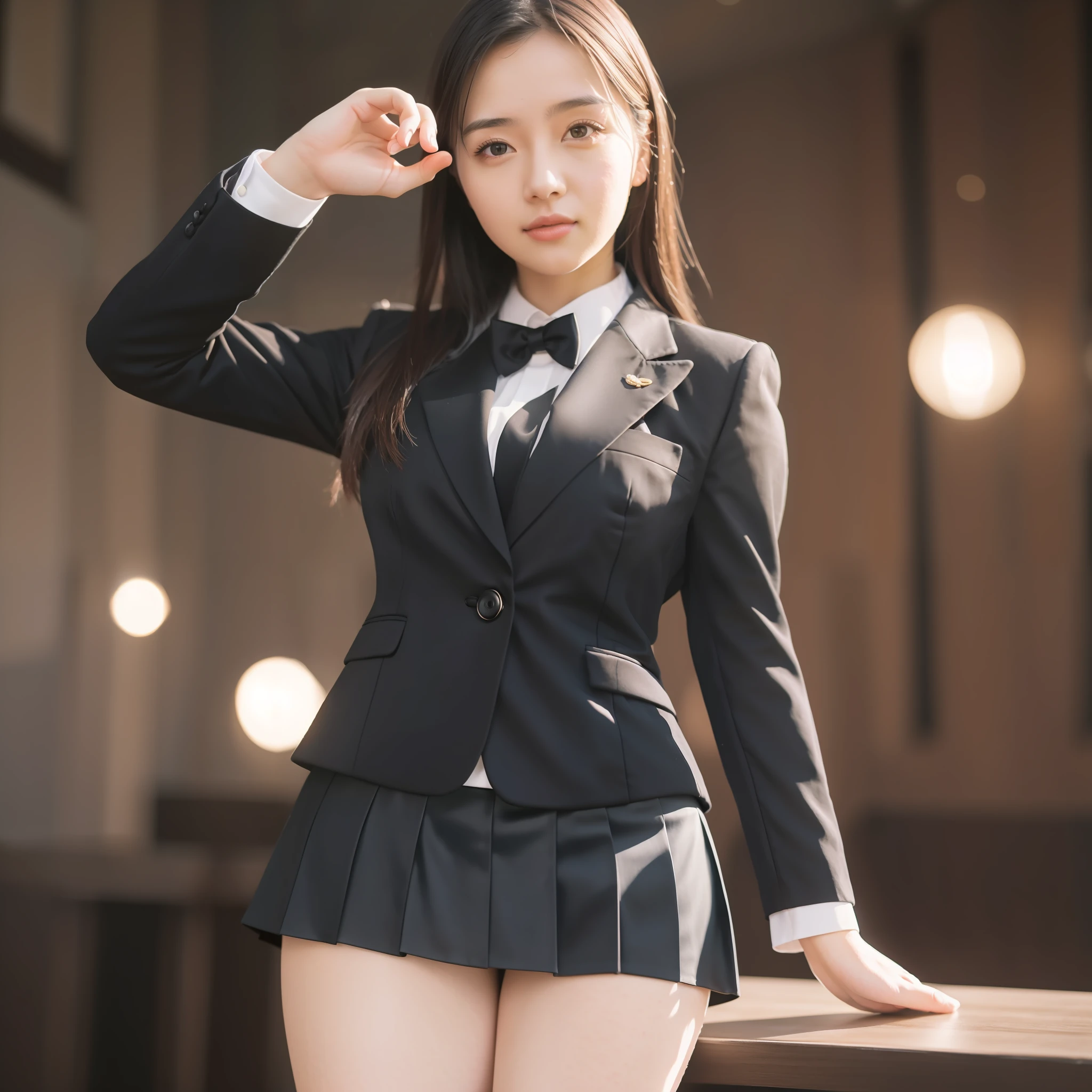 best quality, masterpiece, 1girl, Beautiful face, (photo realistic:1.3), rim lighting, (high detailed skin:1.2), 8k uhd, dslr, high quality, high resolution, 4k, 8k, Bokeh, absurdres, best ratio four finger and one thumb, (realistic:1.3), cute 1girl, wearing black formal blazer, medium breasts, short skirt,