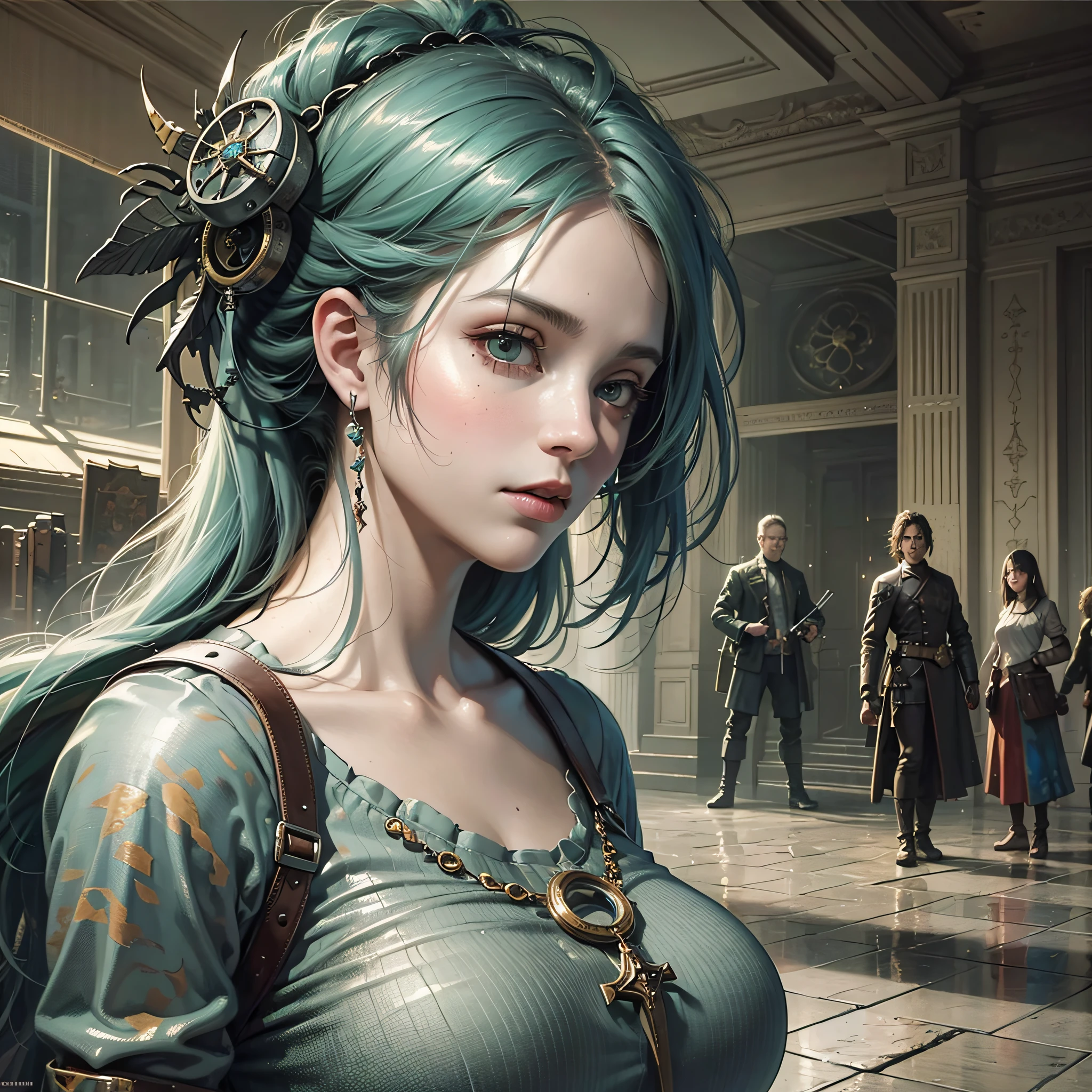 A portrait of a lonely beauty zombie girl alone in a crowd, alabaster skin, grunge suit, gangly background, dubious poses, perfect face, hyper detailed, Dead inside, green eyes, (extremely detailed CG Unity 8K wallpaper), the most beautiful artwork in the world, Atey Ghailan, in the style of Studio Ghibli, by Jeremy Mann,  Greg Manchess, Antonio Moro, Intricate, high detail, Photorealistic painting art by Midjourney and Greg Rutakowski, Matte, Bryan organ, Unity 8K CG wallpaper extremely detailed, high detail, Photorealistic painting art by Midjourney and Greg Rutakowski, Matte, Bryan organ, Unity 8K CG wallpaper extremely detailed, High detail, Photorealistic painting art by Midjourney and Greg Rutzowski,  Matte, Bryan organ, extremely detailed CG Unity 8K wallpaper, High detail, photorealistic painting art by Midjourney and Greg Rutakowski, matte, Bryan organ --auto --s2