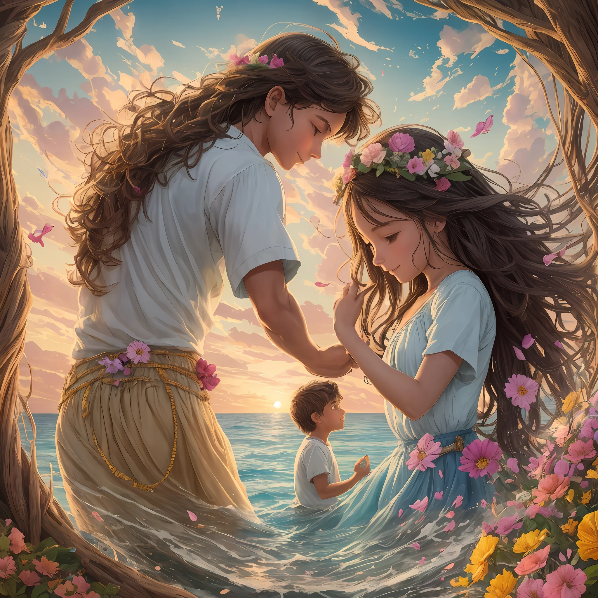 The image is a hyper-realistic digital illustration depicting a 7-year-old girl and a 5-year-old boy on their journey in search of the treasure of love. The scene shows the two brothers holding hands, standing on the beach of a magical island, bathed in a soft, golden light from the sunset.
In the center of the image is a majestic tree with intertwined roots, representing the true treasure of love. The tree is lush and has multicolored flowers that represent the gestures of kindness and generosity scattered by the brothers during the journey.
Penelope, a charming girl with long, curly hair, holds a bouquet of flowers in her hands. Her face conveys joy and serenity, and her flowing pastel-hued dress recalls the purity and delicacy of love.
At his side, Pedrinho, a curious and animated boy, holds a map wrapped in one hand, indicating the journey in search of the treasure. Her bright smile shows the discovery of the true meaning of love in her actions.
The surrounding beach is filled with magical details such as bright shells and colorful starfish. The calm and tranquil sea reflects the colors of the sunset, creating a serene and harmonious environment.
In the background, a landscape of mountains and clouds gives a sense of adventure and discovery, recalling the journey the brothers took to reach the treasure island.
The illustration is done in a rendered style, with smooth textures and minute details, creating a charming and magical atmosphere. The colors used are in pastel tones, with a palette that refers to the posters of the 70s, bringing a nostalgic and vibrant touch to the image.
This illustration, with its beauty and subtlety, captures the meaning of the story "The Treasure of Love," conveying the importance of acting with love in all situations, and how that love can transform lives and spread joy throughout the world.
The image is perfect to be used as a poster, conveying a powerful and inspiring message about truth.