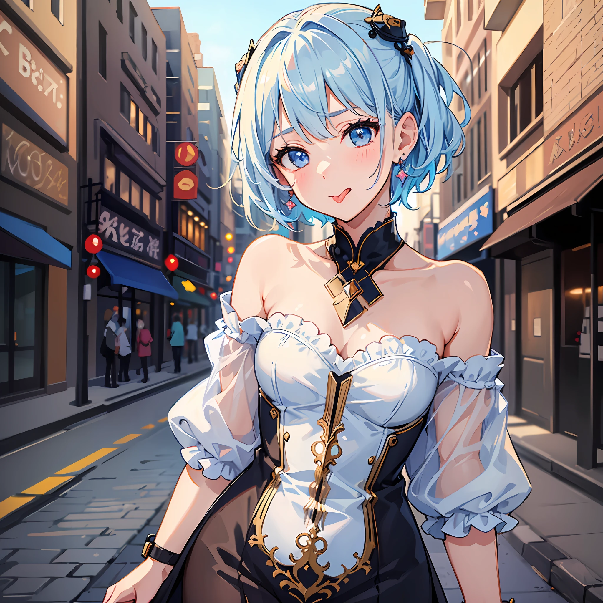(((Masterpiece)))), (Best Quality))), Hi-Res, Above Thighs, Walking, (((Cute 1 Girl))), Solo, White Skin, Small, Eight-headed Person, (Light blue hair), ((Very short hair)), Crisp bangs, Beautiful hair, Blue eyes, Beautiful detail eyes, ((sticking out tongue)), blush, Wink, Heart, (Shouldered clothing), Cute clothes, Earrings, City, Shadow lighting,