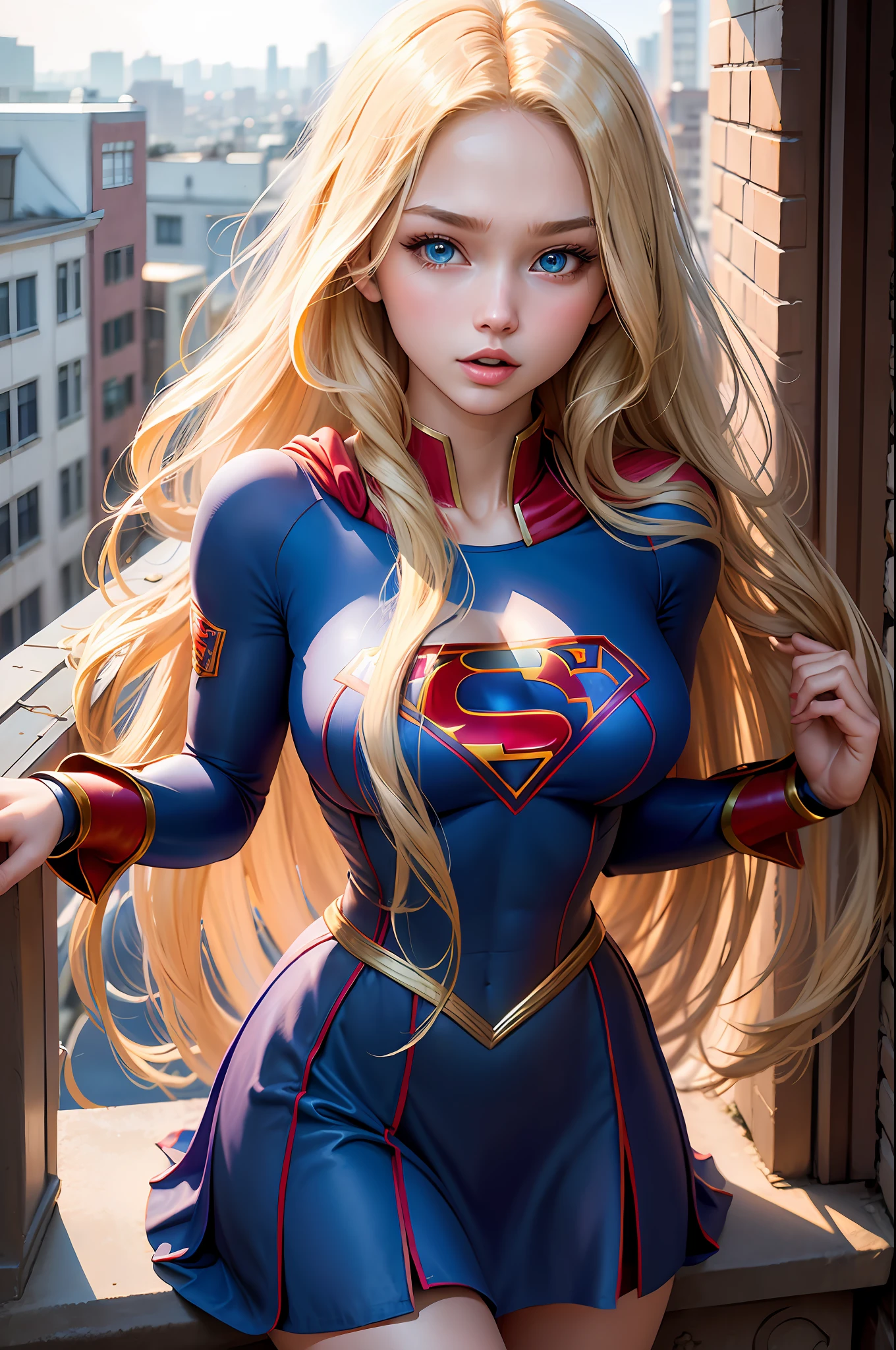 ((best quality, masterpiece, absurdress) , supergirl , 19 years old,long blonde hair, voluminous hair, loose hair, blue expressive eyes,huge breasts, supergirl wearing Korean school uniformlong dress, terrace of a building, view of other buildings ,day