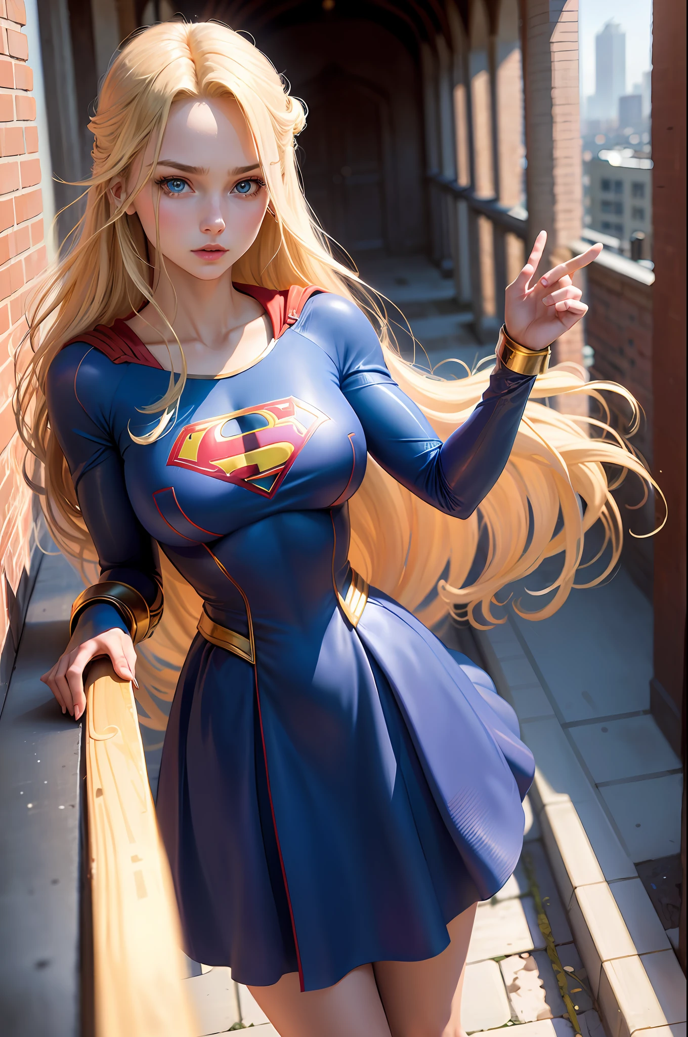 ((best quality, masterpiece, absurdress) , supergirl , 19 years old,long blonde hair, voluminous hair, loose hair, blue expressive eyes,huge breasts, supergirl wearing dress, terrace of a building, view of other buildings ,day