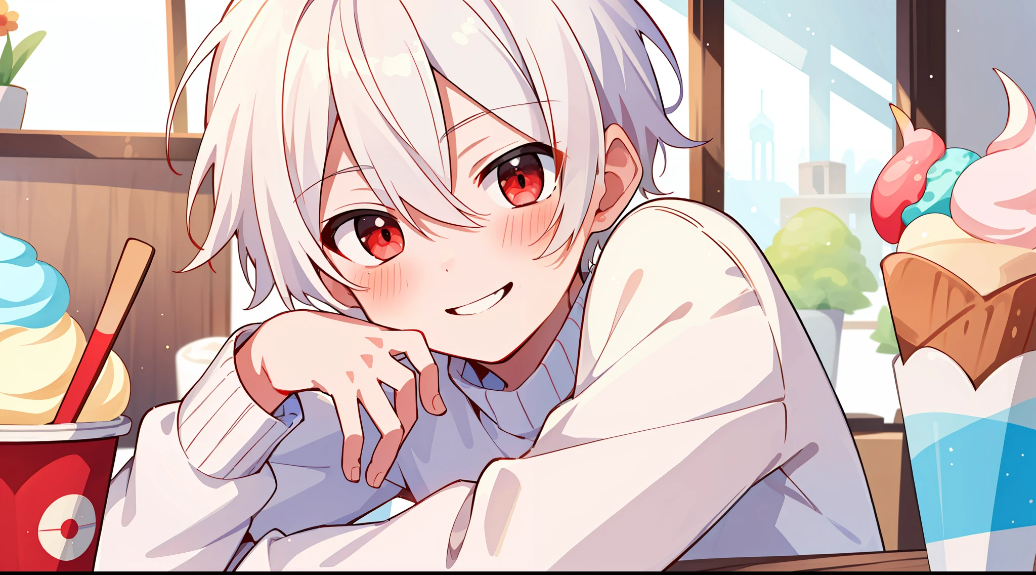 ((masterpiece)),(((best quality))), (high-quality, breathtaking),(expressive eyes, perfect face), 1boy, solo, male, short, young, boy, short white hair, red eyes, smiling, blushing, long sleeve sweater, short shorts, indoors, eat ice cream, cute, sweet, close up