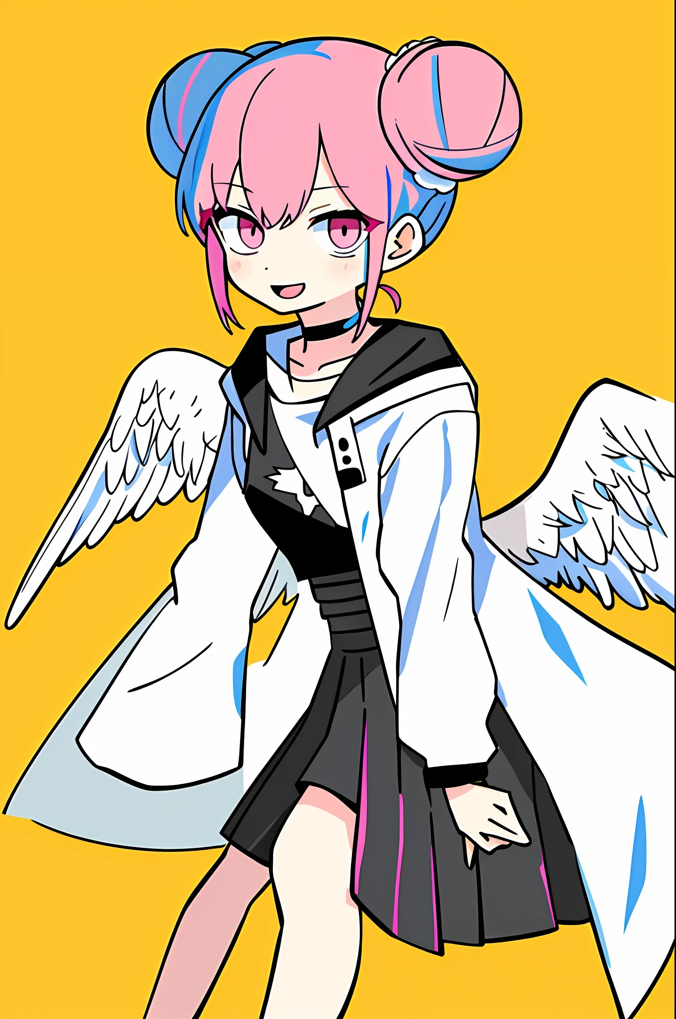 masterpiece, best quality, 1girl, solo, looking_at_viewer, smile, open_mouth, skirt, simple_background, shirt, hair_ornament, blue_hair, jacket, pink_hair, :d, multicolored_hair, pleated_skirt, wings, choker, hairclip, hood, pink_eyes, hair_bun, chibi, black_shirt, double_bun, black_choker, blush_stickers, white_skirt, yellow_background, feathered_wings, angel_wings, white_wings,chibi