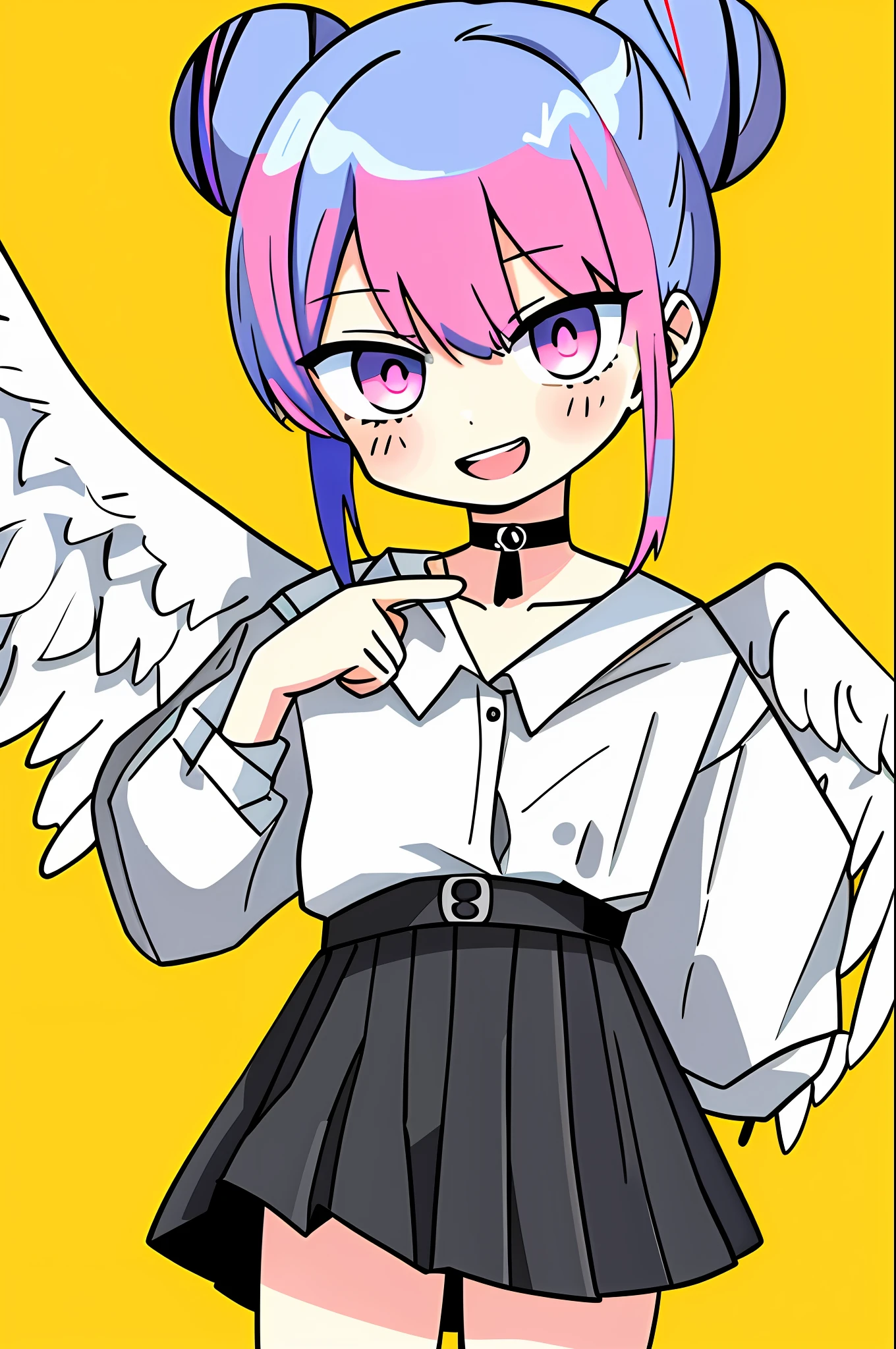 masterpiece, best quality, 1girl, solo, looking_at_viewer, smile, open_mouth, skirt, simple_background, shirt, hair_ornament, blue_hair, jacket, pink_hair, :d, multicolored_hair, pleated_skirt, wings, choker, hairclip, hood, pink_eyes, hair_bun, chibi, black_shirt, double_bun, black_choker, blush_stickers, white_skirt, yellow_background, feathered_wings, angel_wings, white_wings,chibi