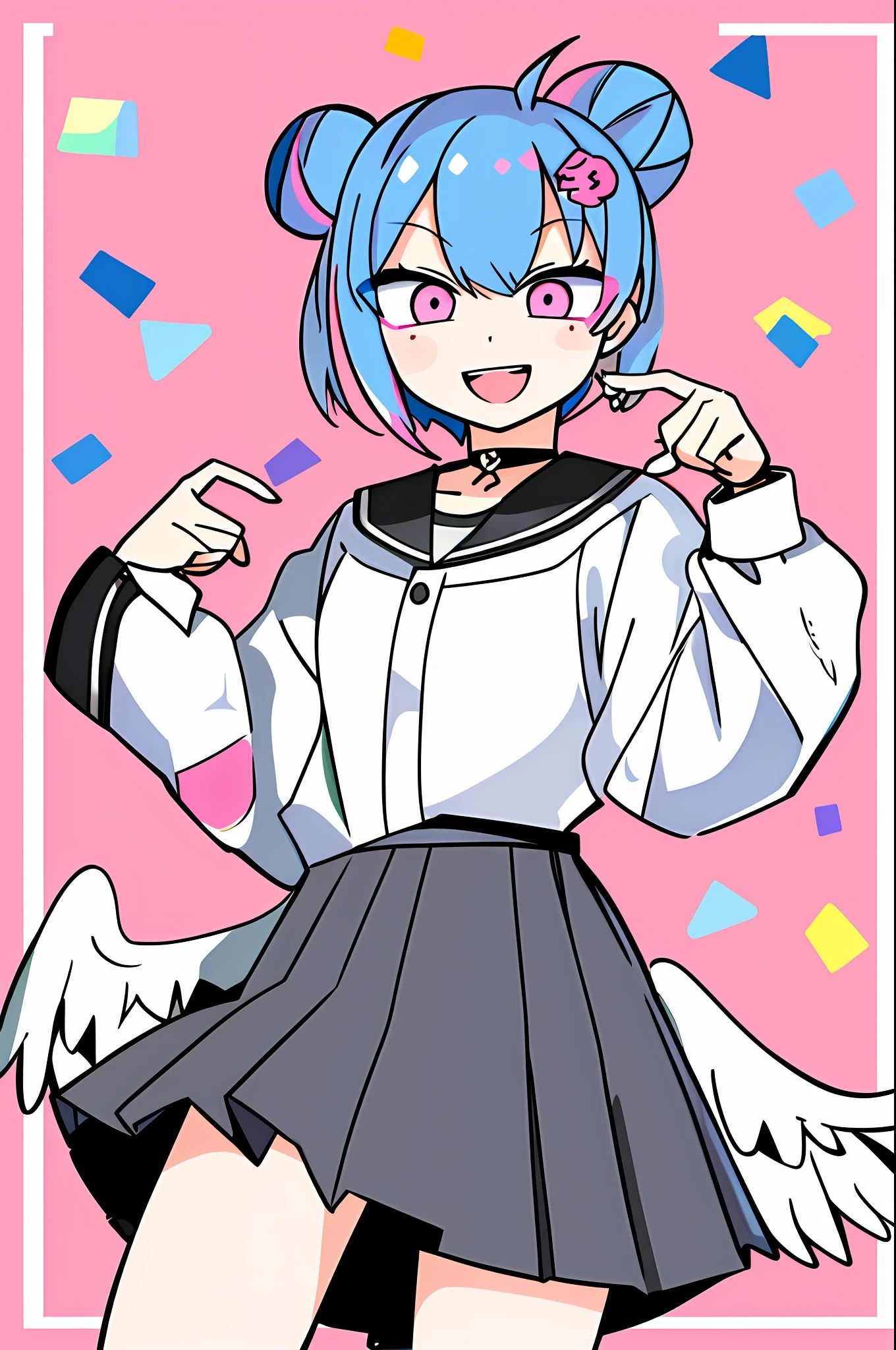 masterpiece, best quality, 1girl, solo, looking_at_viewer, smile, open_mouth, skirt, simple_background, shirt, hair_ornament, blue_hair, jacket, pink_hair, :d, multicolored_hair, pleated_skirt, wings, choker, hairclip, hood, pink_eyes, hair_bun, chibi, black_shirt, double_bun, black_choker, blush_stickers, white_skirt, yellow_background, feathered_wings, angel_wings, white_wings,chibi