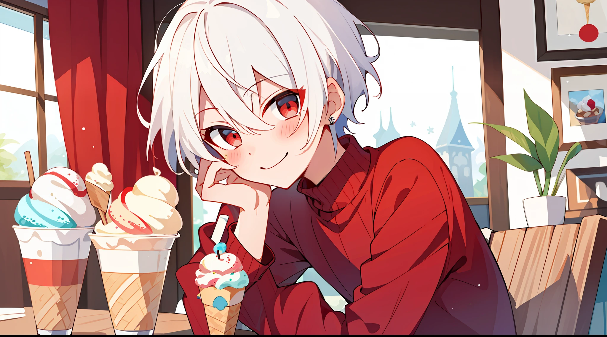 ((masterpiece)),(((best quality))), (high-quality, breathtaking),(expressive eyes, perfect face), 1boy, solo, male, short, young, short white hair, red eyes, smiling, blushing, long sleeve sweater, short shorts, indoors, eat ice cream, cute, sweet, close up