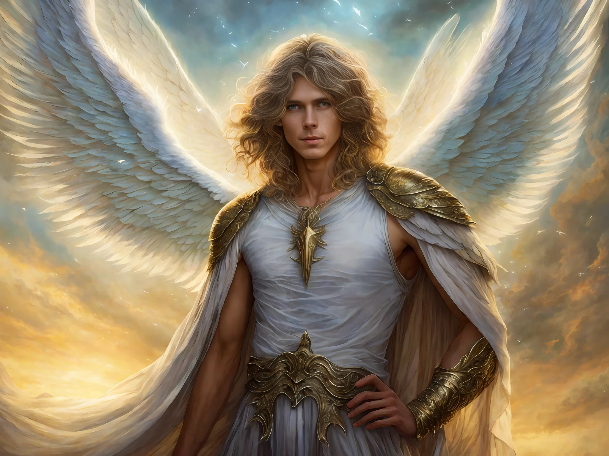 Bjorn Andresen, a young man with wings, beautiful angel dressed, ethereal angel presence of light, beautiful angel, shining angel presence, dressed beautiful male angel, 4 fingers, beautiful fantasy art, angel spirit guide, majestic angel all over body, very beautiful fantasy art, ethereal wings, beautiful angel portrait, fantasy art, breathtaking fantasy art, Great fantasy art,