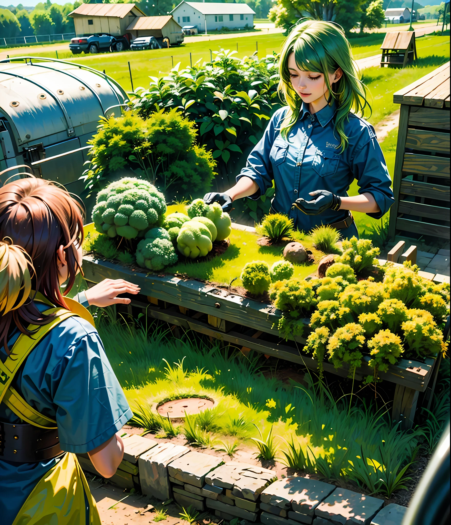 ((Best Quality)), ((Masterpiece)), ((Realistic)) and ultra-detailed photography of a Green haired dude planting broccoli  in farming field