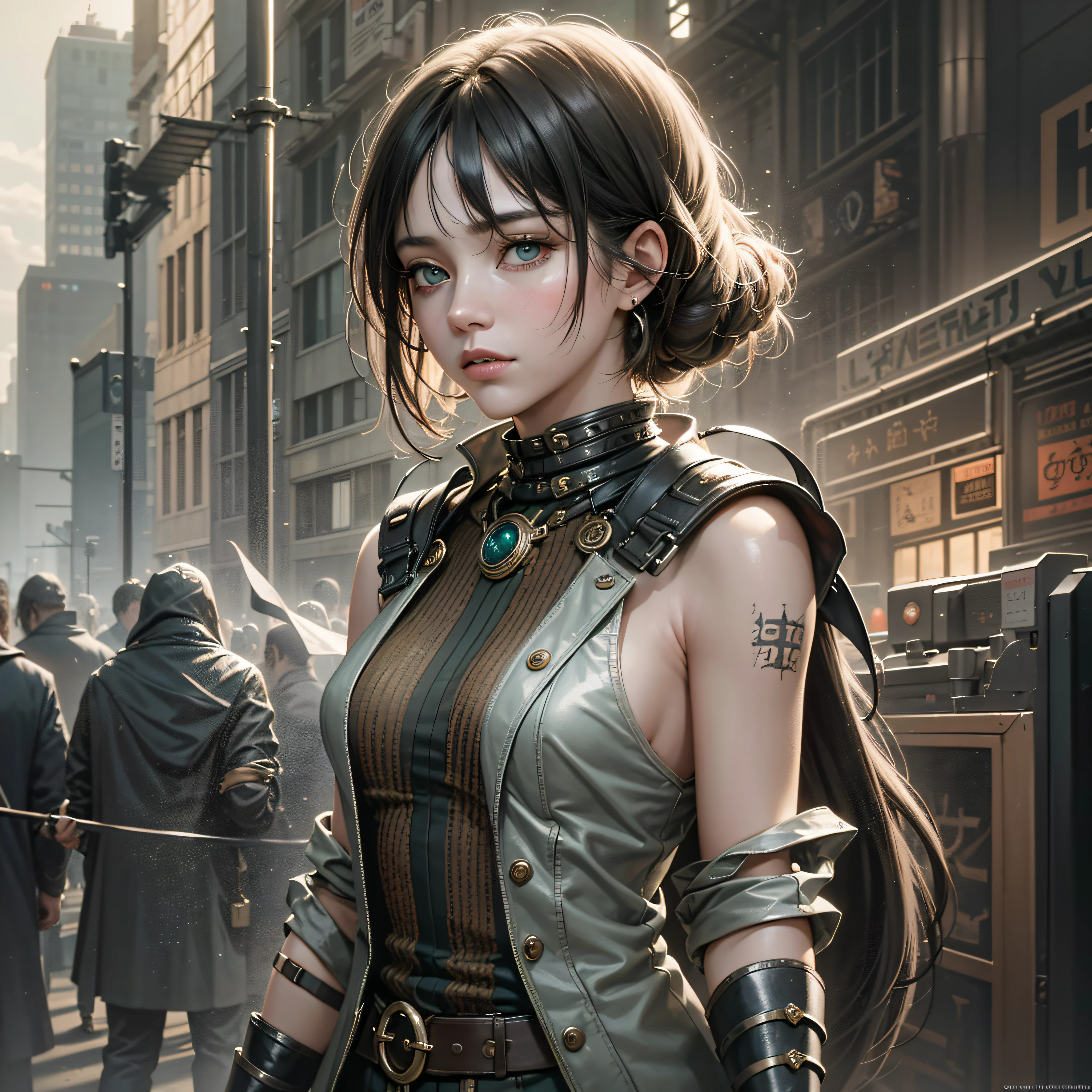 A portrait of a lonely beauty zombie girl alone in a crowd, alabaster skin, grunge suit, gangly background, dubious poses, perfect face, hyper detailed, Dead inside, green eyes, (extremely detailed CG Unity 8K wallpaper), the most beautiful artwork in the world, Atey Ghailan, in the style of Studio Ghibli, by Jeremy Mann, Greg Manchess, Antonio Moro, Intricate, high detail, Photorealistic painting art by Midjourney and Greg Rutakowski, Matte, Bryan organ, Unity 8K CG wallpaper extremely detailed, high detail, Photorealistic painting art by Midjourney and Greg Rutakowski, Matte, Bryan organ, Unity 8K CG wallpaper extremely detailed, High detail, Photorealistic painting art by Midjourney and Greg Rutzowski, Matte, Bryan organ, extremely detailed CG Unity 8K wallpaper, High detail, photorealistic painting art by Midjourney and Greg Rutakowski, matte, Bryan organ --auto --s2