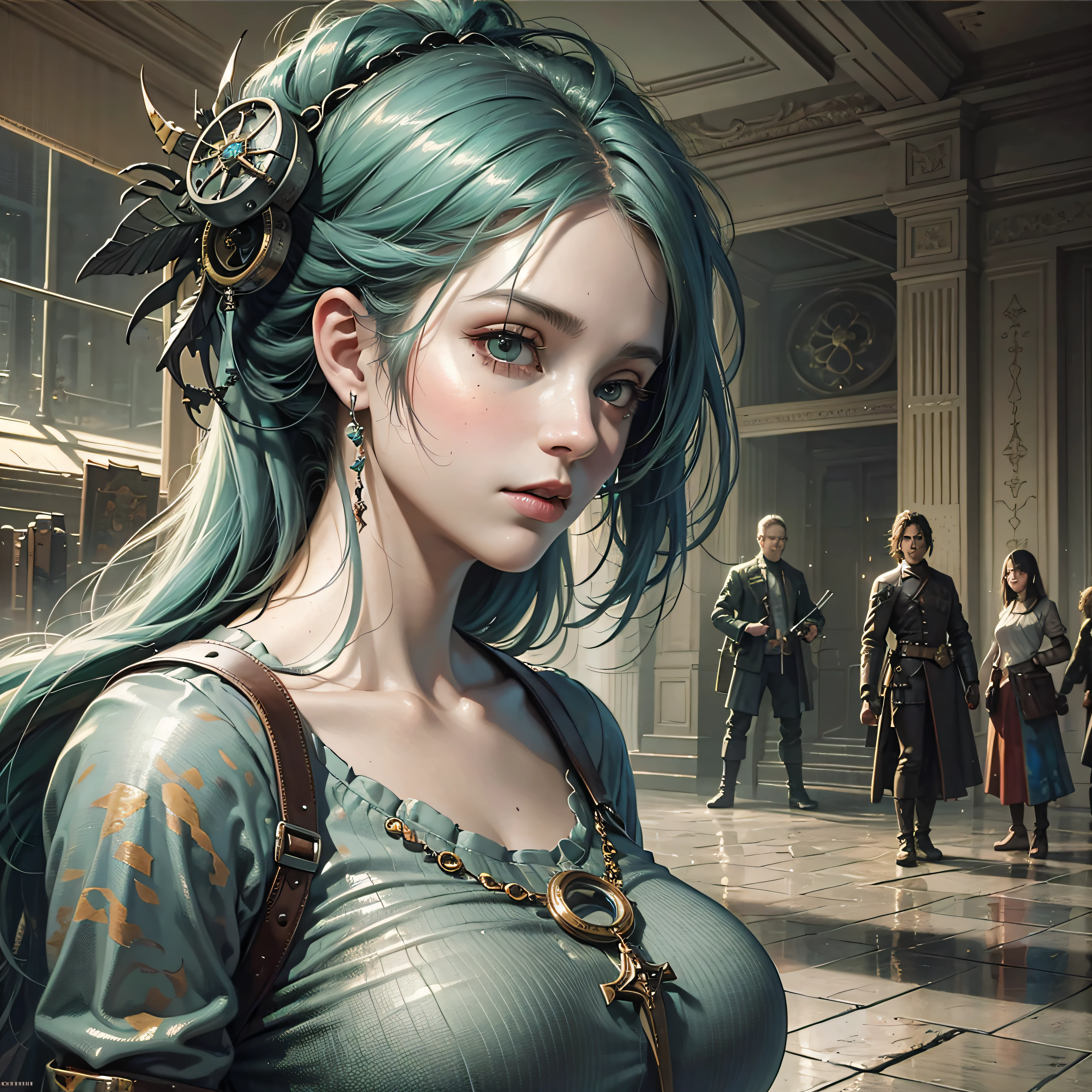A portrait of a lonely beauty zombie girl alone in a crowd, alabaster skin, grunge suit, gangly background, dubious poses, perfect face, hyper detailed, Dead inside, green eyes, (extremely detailed CG Unity 8K wallpaper), the most beautiful artwork in the world, Atey Ghailan, in the style of Studio Ghibli, by Jeremy Mann, Greg Manchess, Antonio Moro, Intricate, high detail, Photorealistic painting art by Midjourney and Greg Rutakowski, Matte, Bryan organ, Unity 8K CG wallpaper extremely detailed, high detail, Photorealistic painting art by Midjourney and Greg Rutakowski, Matte, Bryan organ, Unity 8K CG wallpaper extremely detailed, High detail, Photorealistic painting art by Midjourney and Greg Rutzowski, Matte, Bryan organ, extremely detailed CG Unity 8K wallpaper, High detail, photorealistic painting art by Midjourney and Greg Rutakowski, matte, Bryan organ --auto --s2