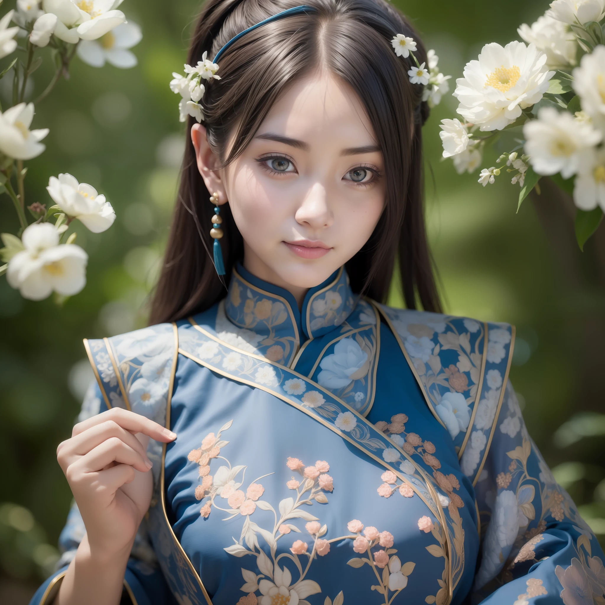 Masterpiece, absurdres,award winning photo, extremely detailed, amazing, fine detail, (extremely detailed eyes:1.125) and face, by lee jeffries nikon d850 film stock photograph 4 kodak portra 400 camera f1.6 lens rich colors hyper realistic lifelike texture dramatic lighting unrealengine trending on artstation cinestill 800 tungsten, beautiful woman, ulzzang-6500, smiling seductively, excited,
EDGHanfu, a woman, in an ancient China garden, wearing EDGHanfu, traditional, blue, see through sleeves, floral embroidery, buttoned dress, black shoulder pads with beautiful and intricate floral embroidery, woman wearing makeup, flowers decorating her hair