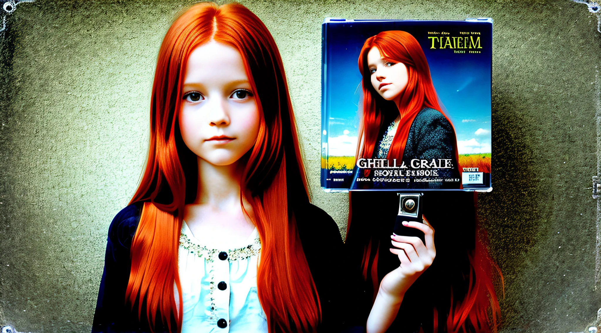 GIRL REDHEAD CHILD LONG HAIR, holding a cd in front of her face, CDs, her face on discs, digitally remastered, polished : :, an album cover, DVD, VTM, subtitles, CD, album cover!, photo portlet, - me, Alexa Grace, digital image, music video, steam, 3-D, 3-D, Blu-ray transfer
