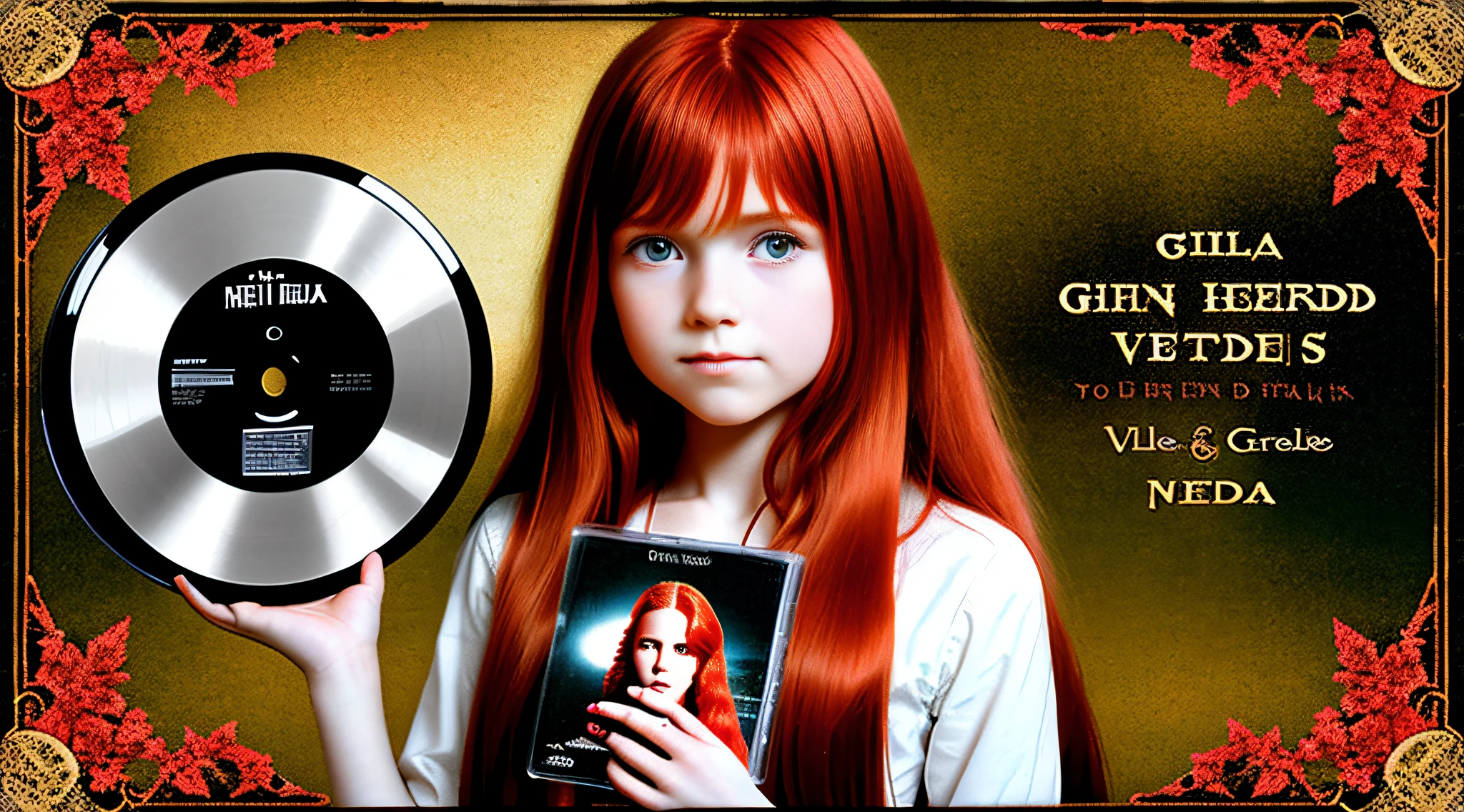 GIRL REDHEAD CHILD LONG HAIR, holding a cd in front of her face, CDs, her face on discs, digitally remastered, polished : :, an album cover, DVD, VTM, subtitles, CD, album cover!, photo portlet, - me, Alexa Grace, digital image, music video, steam, 3-D, 3-D, Blu-ray transfer
