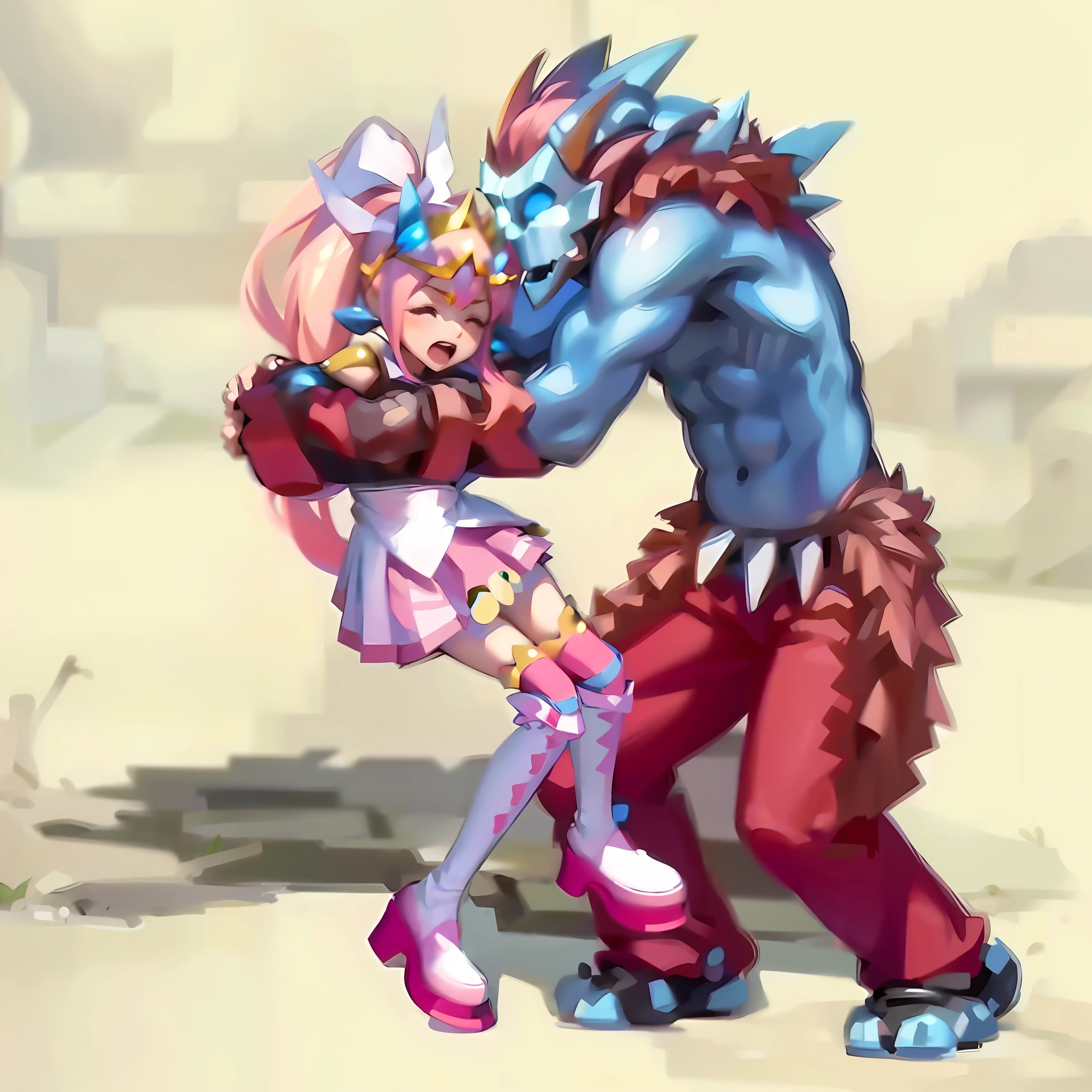 (Lora+QuickHand: 1.2), (Masterpiece: 1.5), (Best Quality: 1.5), 8K resolution, (Perfect Hand: 1.5), a girl's beautiful expression of screaming and crying with her eyes closed, being held by a man, (pink hair: 1.3 + single ponytail), (white blouse: 1.2), (pink pleated skirt: 1.2), (pink knee-length socks: 1.2), (beautiful tiara), (white boots: 1.2), (simple background:1.5),(slender legs:1.2))"