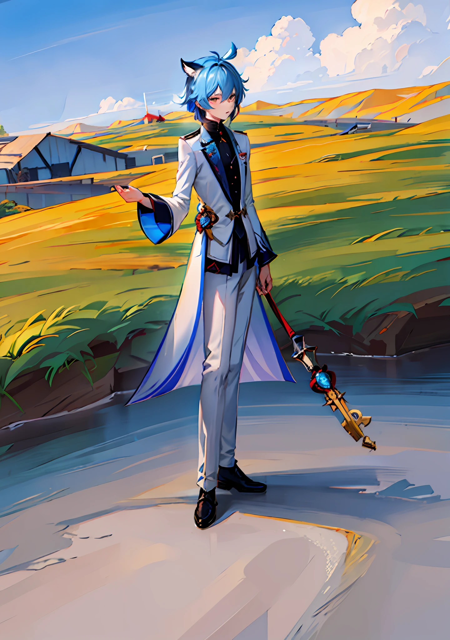 Masterpiece, best quality, high resolution, anime character with blue hair with white costume, Genshin Impact Kokiyo, Genshin Impact character, Remlezze, Ark of Tomorrow, Genshin Impact Nakata, Detailed Key Anime Art, Exquisite Hermaphroditic Prince, Muneshima Shigeri illustration, Genshin Impact style, Beautiful Hermaphroditic Prince, Key Anime Art, Genshin Impact, Full Body Single Character, Expressionless, Cat Ears, Cat Tail